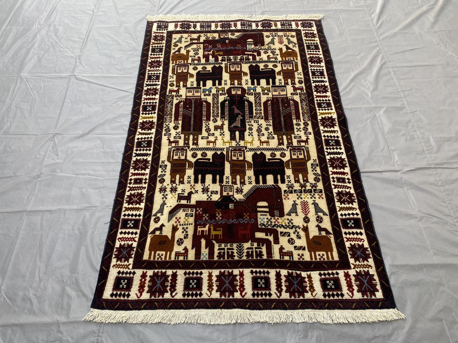 Afghan Baluch Pictorial Rug 3.10 x 6.3 ft | Tribal Human Design Nomadic Art | Handmade Wool Wall Hanging Rug, Turkmen rug, Home Decor