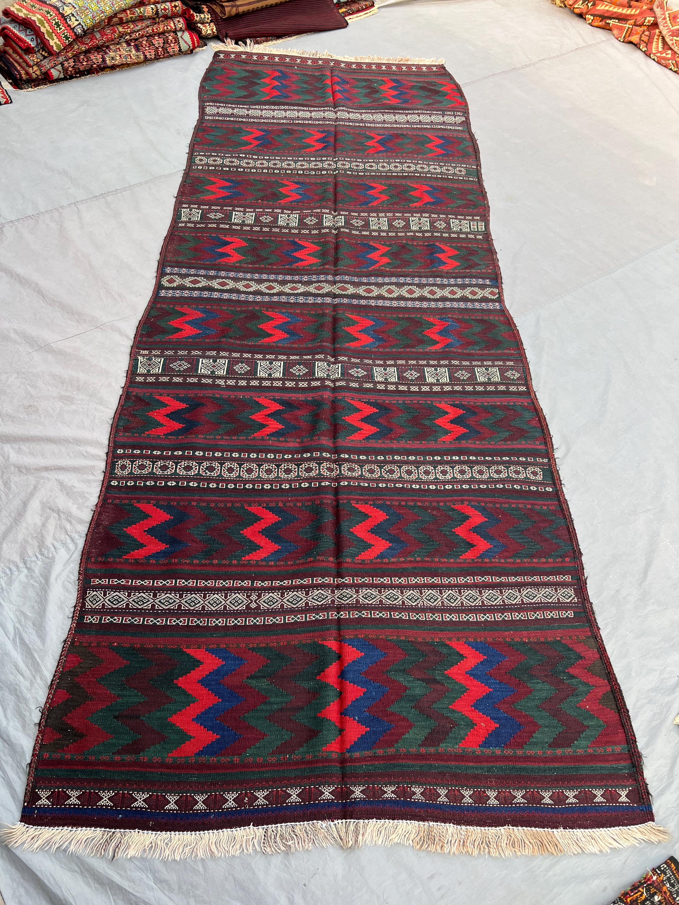 4'4x11'11 Antique Afghan Kilim Runner | Flat Weave Wool Hallway Runner | Dark Red Green Zigzag Stripe Kilim Runner Bohemian Staircase Runner