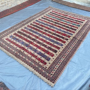 6'8" x 9'4" Afghan Hand-Knotted Baluchi Rug | Soft Wool Tribal Animal Tree Design | Multicolor Geometric Pattern Rug | Rare Oriental Carpet