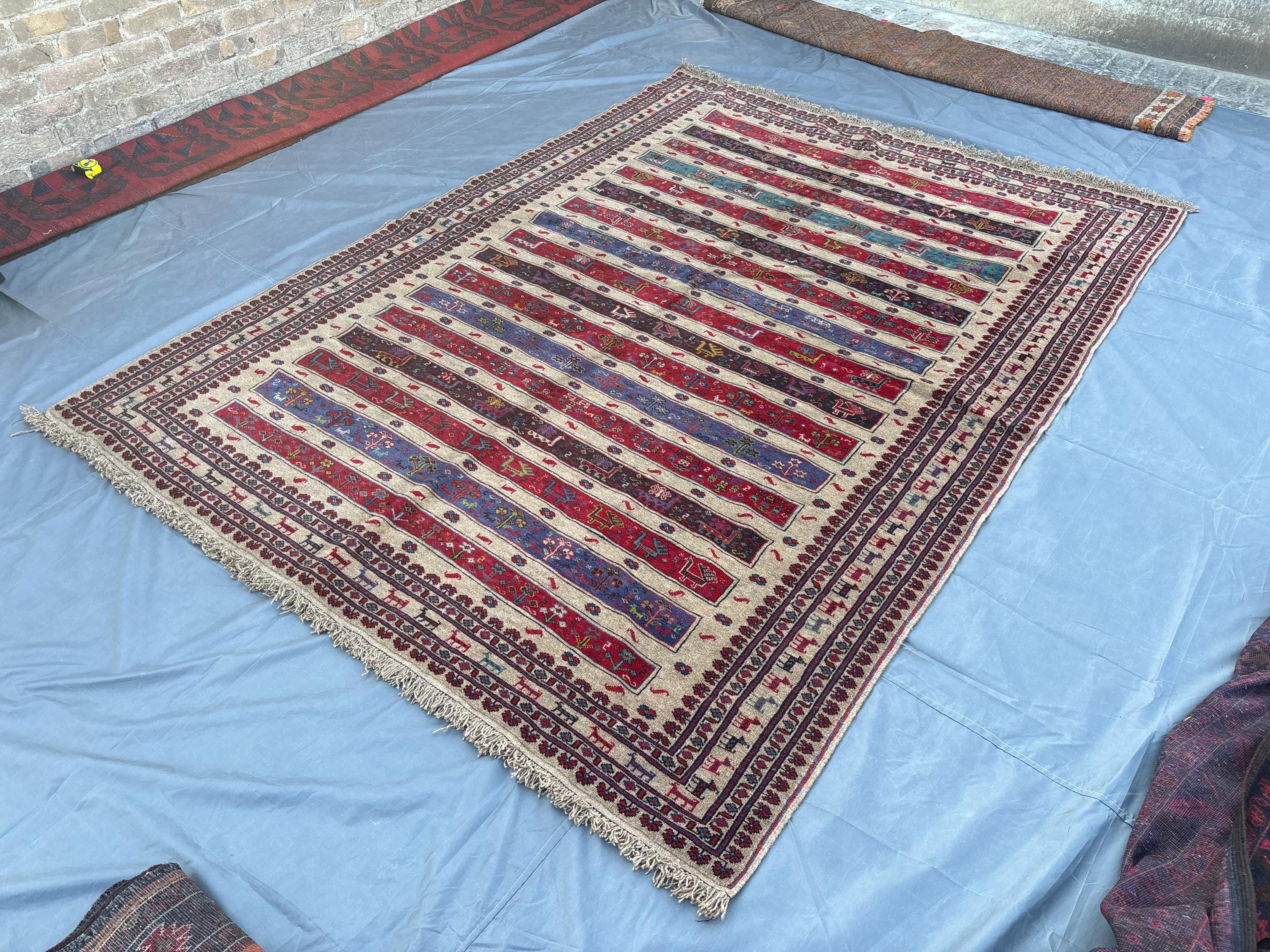 6'8" x 9'4" Afghan Hand-Knotted Baluchi Rug | Soft Wool Tribal Animal Tree Design | Multicolor Geometric Pattern Rug | Rare Oriental Carpet