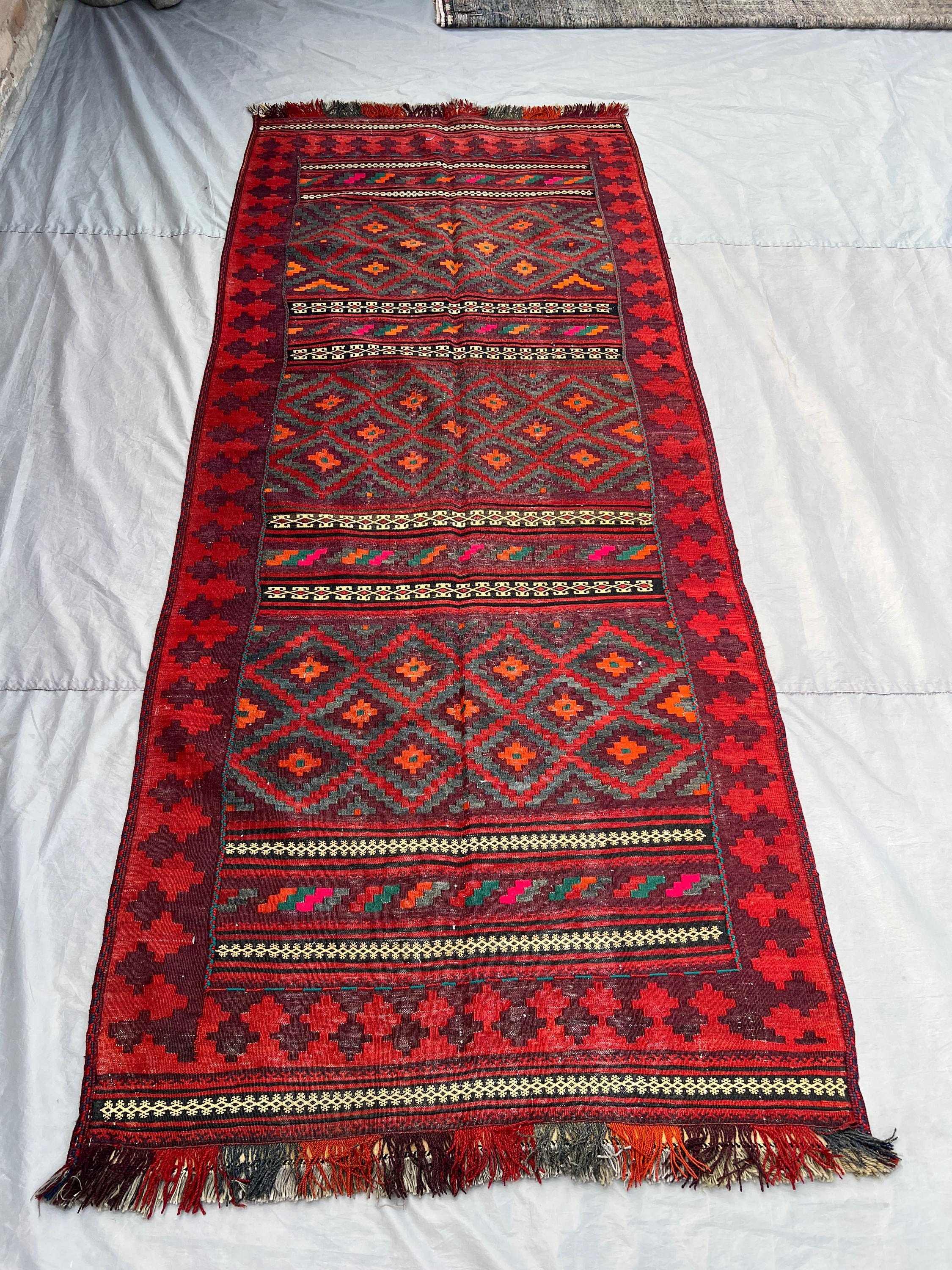 4x9 Vintage Afghan Hand-Knotted Kilim Rug – Antique Flat Weave Geometric Pattern, Unique Tribal Design, Bohemian Decor | living room decor