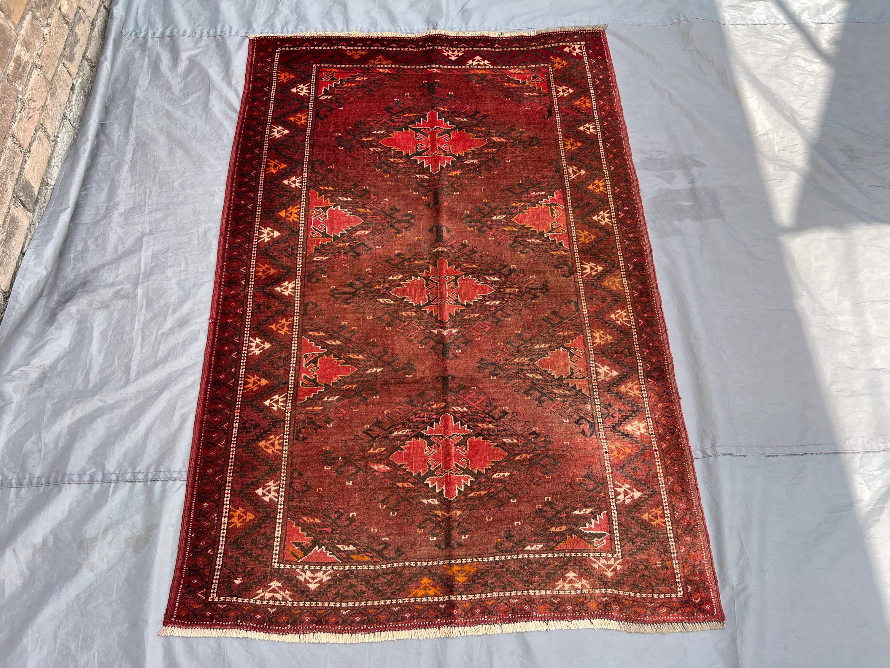 4x6 Antique Turkmen Ersari Rug | Zahir Shahi Afghan Wool Runner | Hand Knotted Tribal Red Rug | Vintage Nomadi