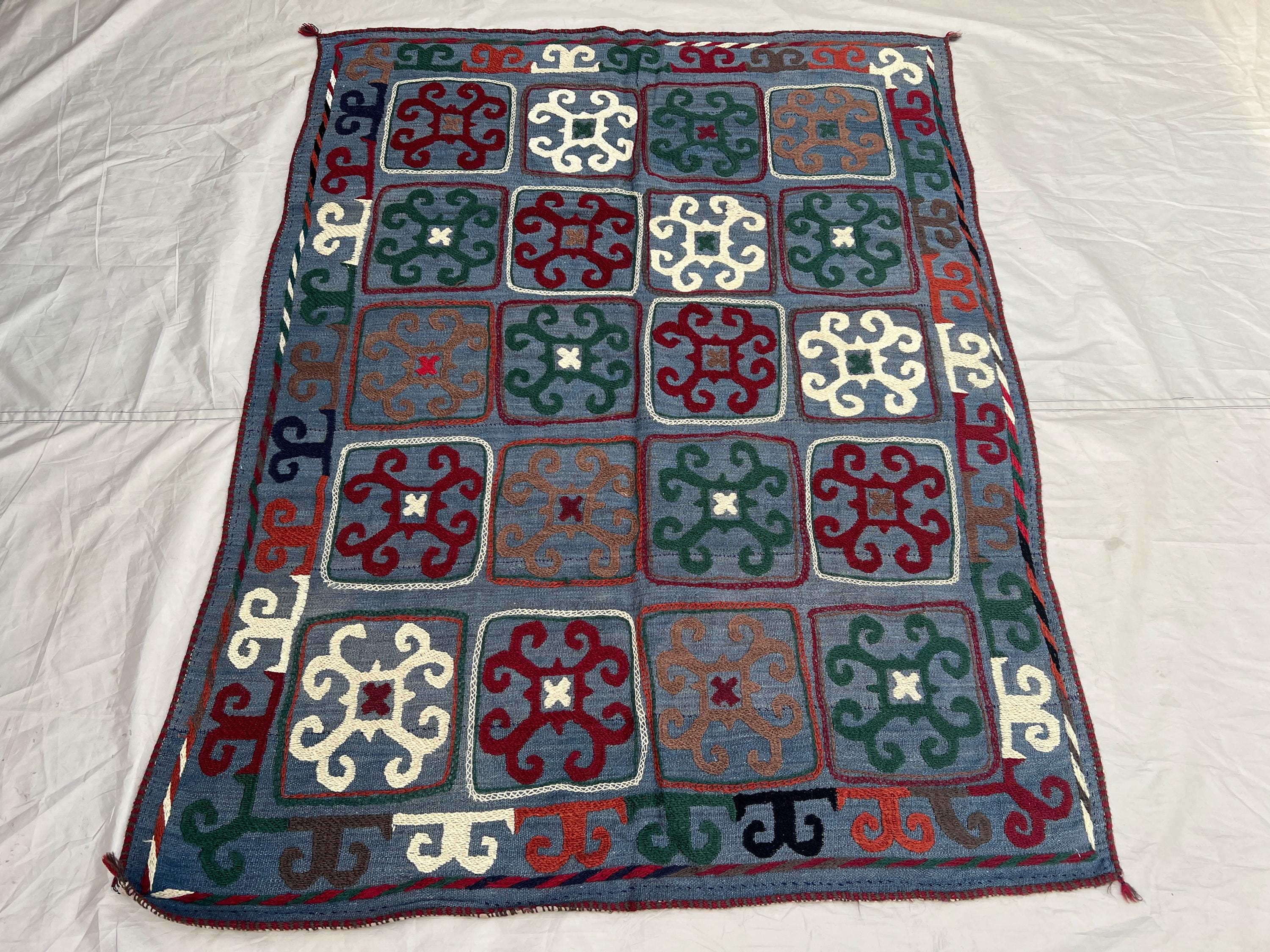 4'1x5'7 Ft Vintage Afghan Kilim Rug Steel Blue Geometric Square Scroll Flatweave Handwoven Wool Area Rug | Living Room Bedroom Wall Decor