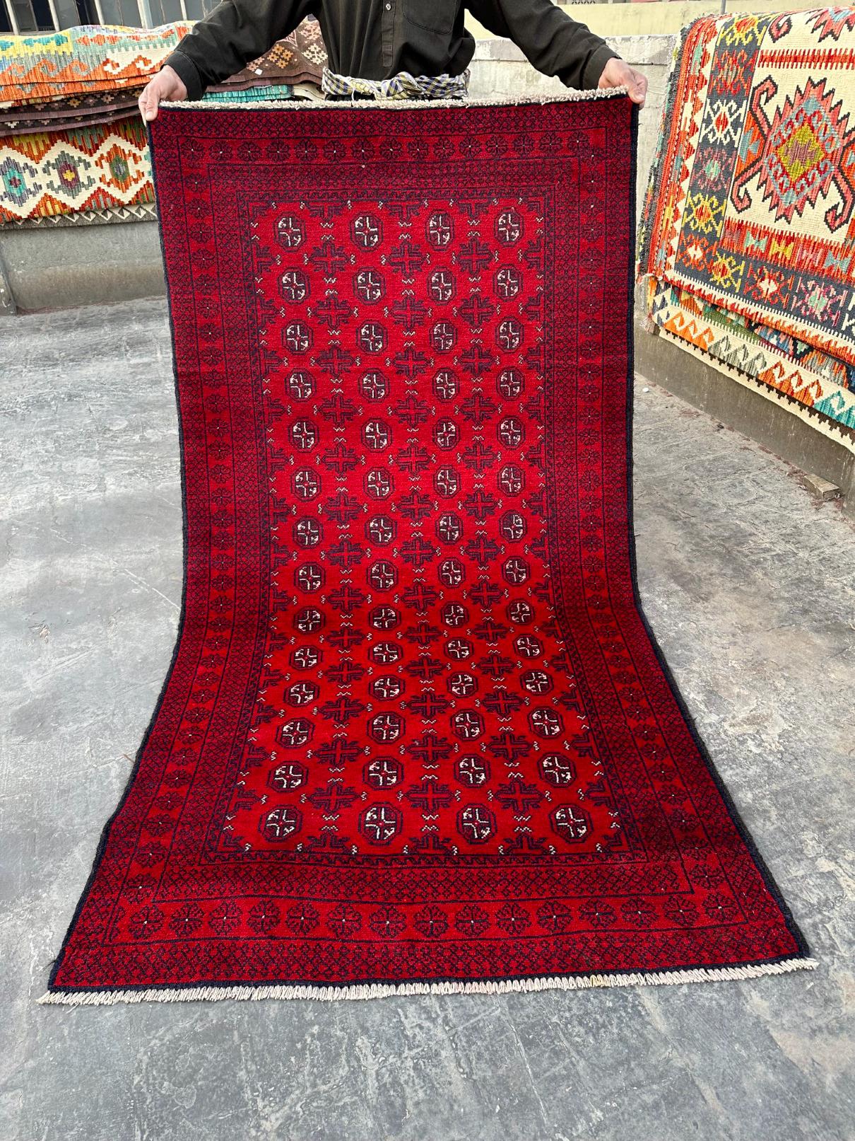 Afghan Tribal Baluch Rug 4x7 ft | Vintage Red Wool Carpet | Turkmen Mowriu Design Nomadic Fine Area Rug for Home Decor, Bedroom Area Rug