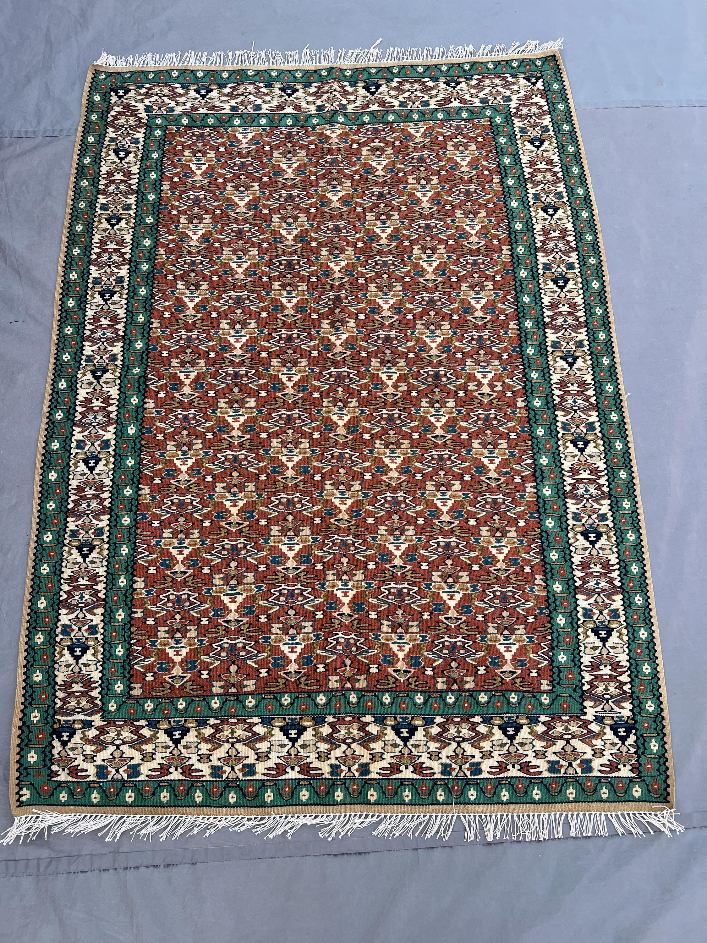 3'9x5'2 Vintage Afghan Kilim Handwoven Wool Flatweave All-Over Diamond Boteh Rust Terracotta Forest Green Ivory Area Rug Living Room Bedroom
