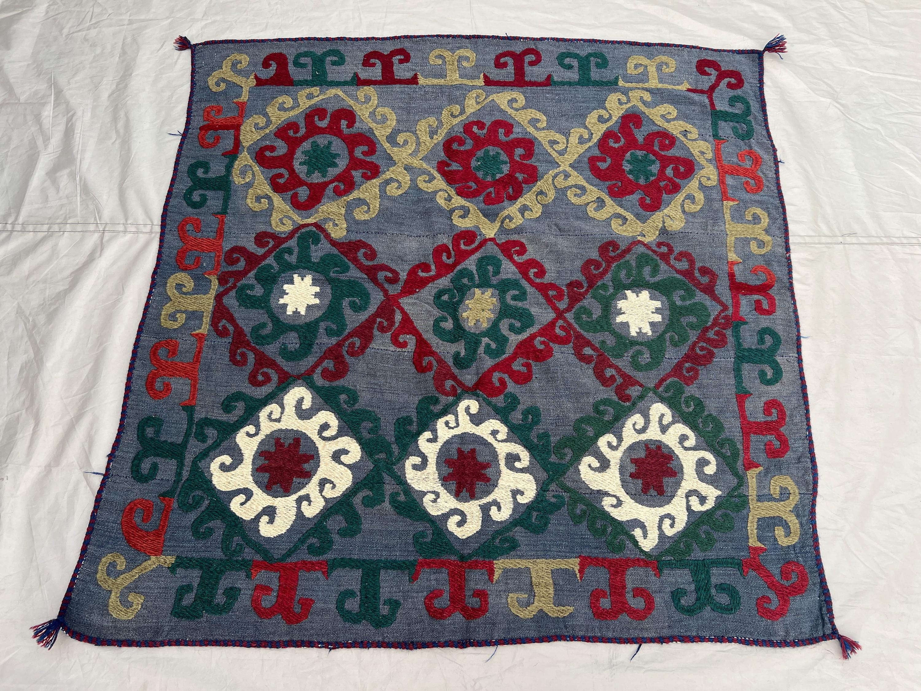 4'1x4'5 Ft Vintage Afghan Suzani Flatweave Textile Steel Blue Diamond Scroll Medallion Handmade Wool | Living Room Wall Hanging Boho Decor