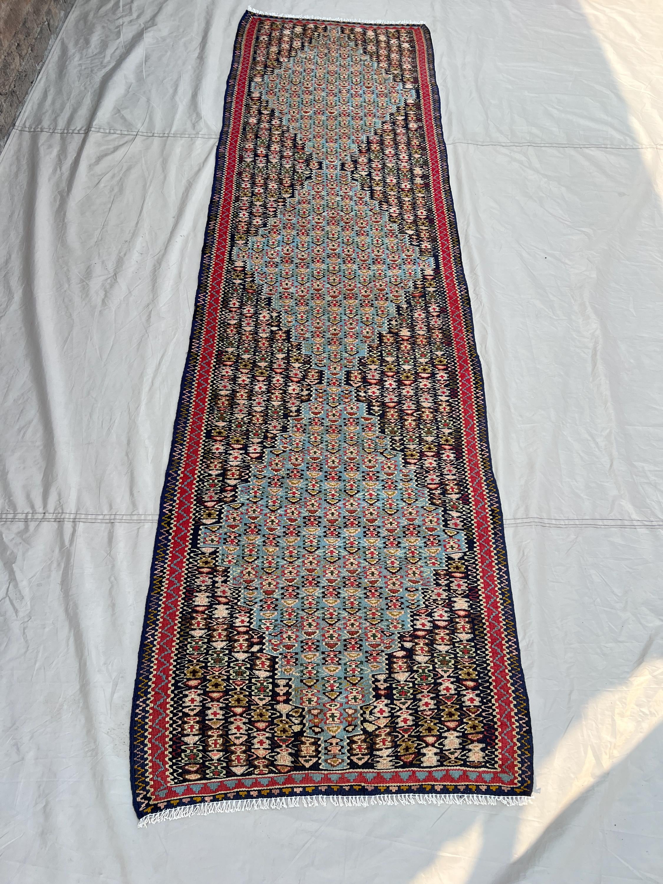 2'7x9'5 Ft Vintage Afghan Senneh Kilim Runner Flatweave | Sky Blue All-Over Boteh | Handwoven Wool Rug for Hal