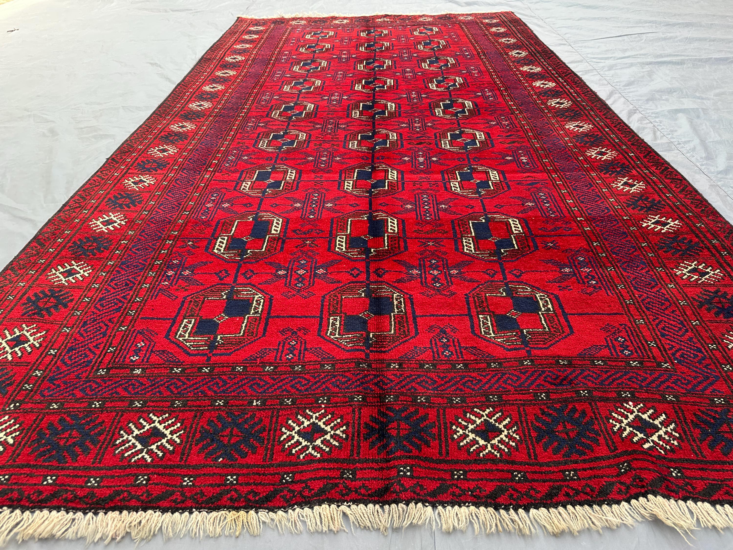 5x8 Antique Afghan Handmade Baluch Tribal Rug, Hand Knotted Wool Carpet, Geometric Red Bukhara Vintage Area Rug, Moroccan rug, Bedroom Rug