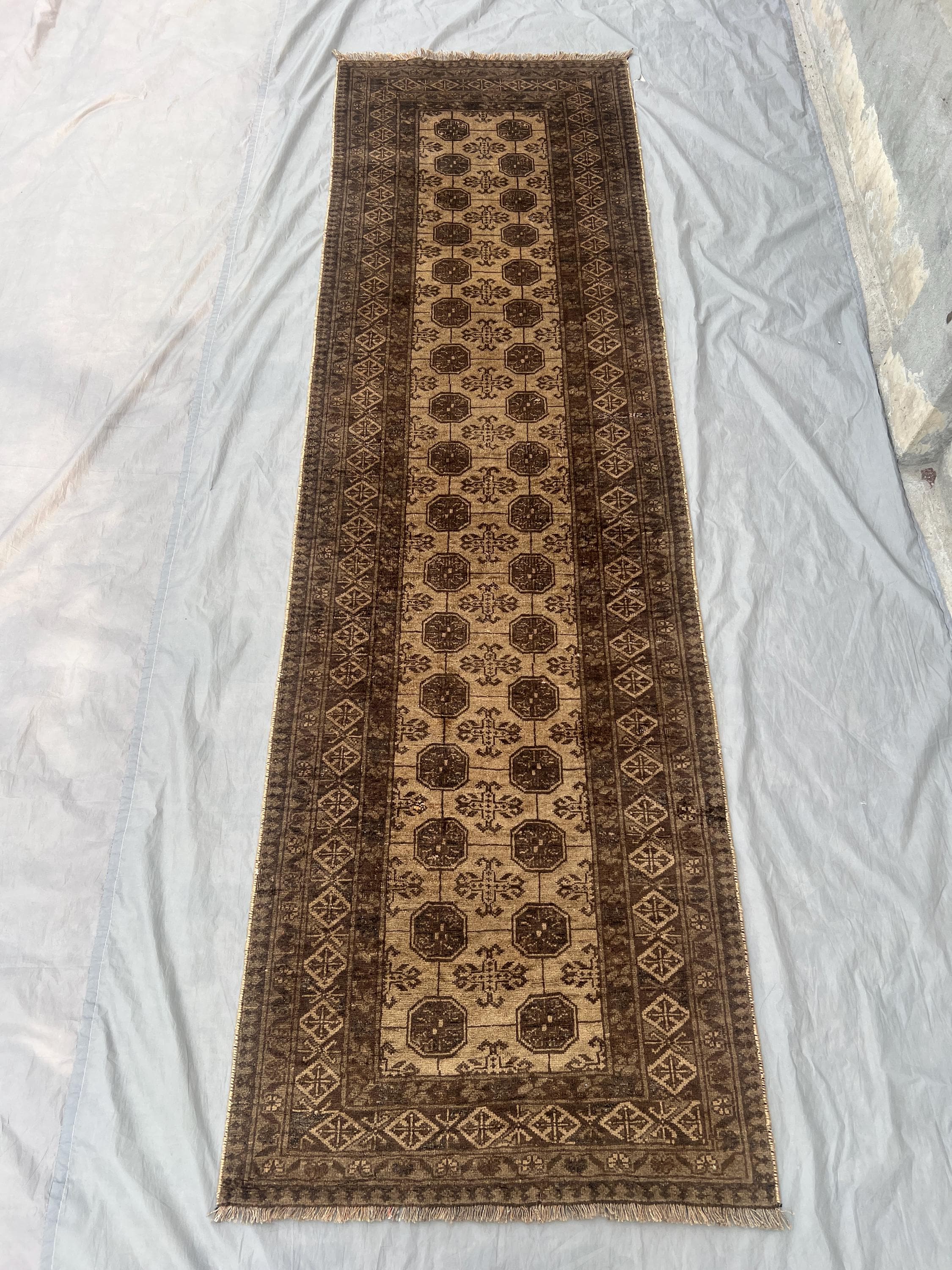 Afghan Hand Knotted Vintage Turkmen Bukhara Rug | 3" x 9" | Antique Wool Runner | Tribal Oriental Hallway Rug
