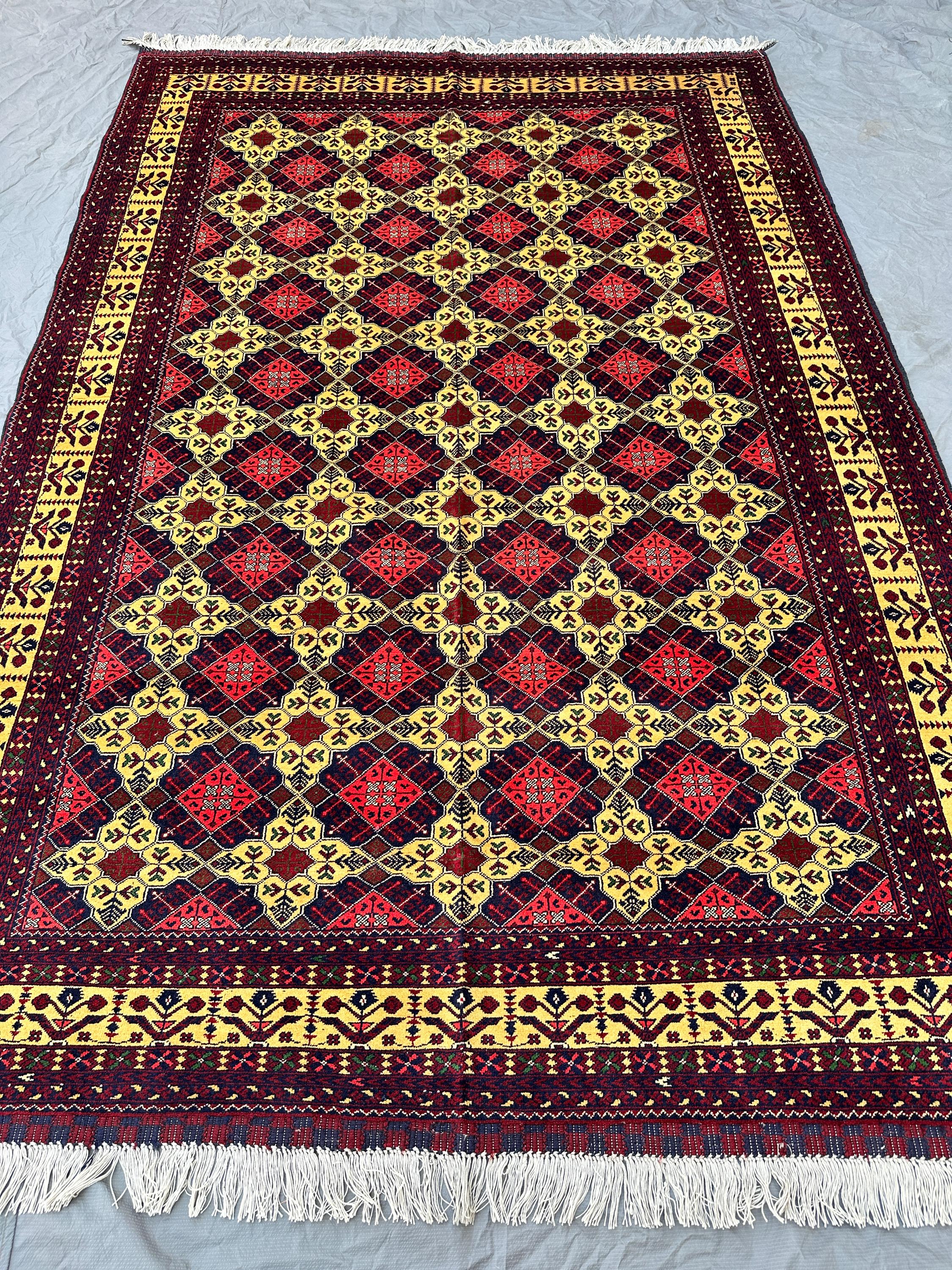 7x10,Gold Red Tribal Rug, Hand Knotted Wool Diamond Trellis Carpet Bold Maroon Wool Rug, Tribal Geometric Area