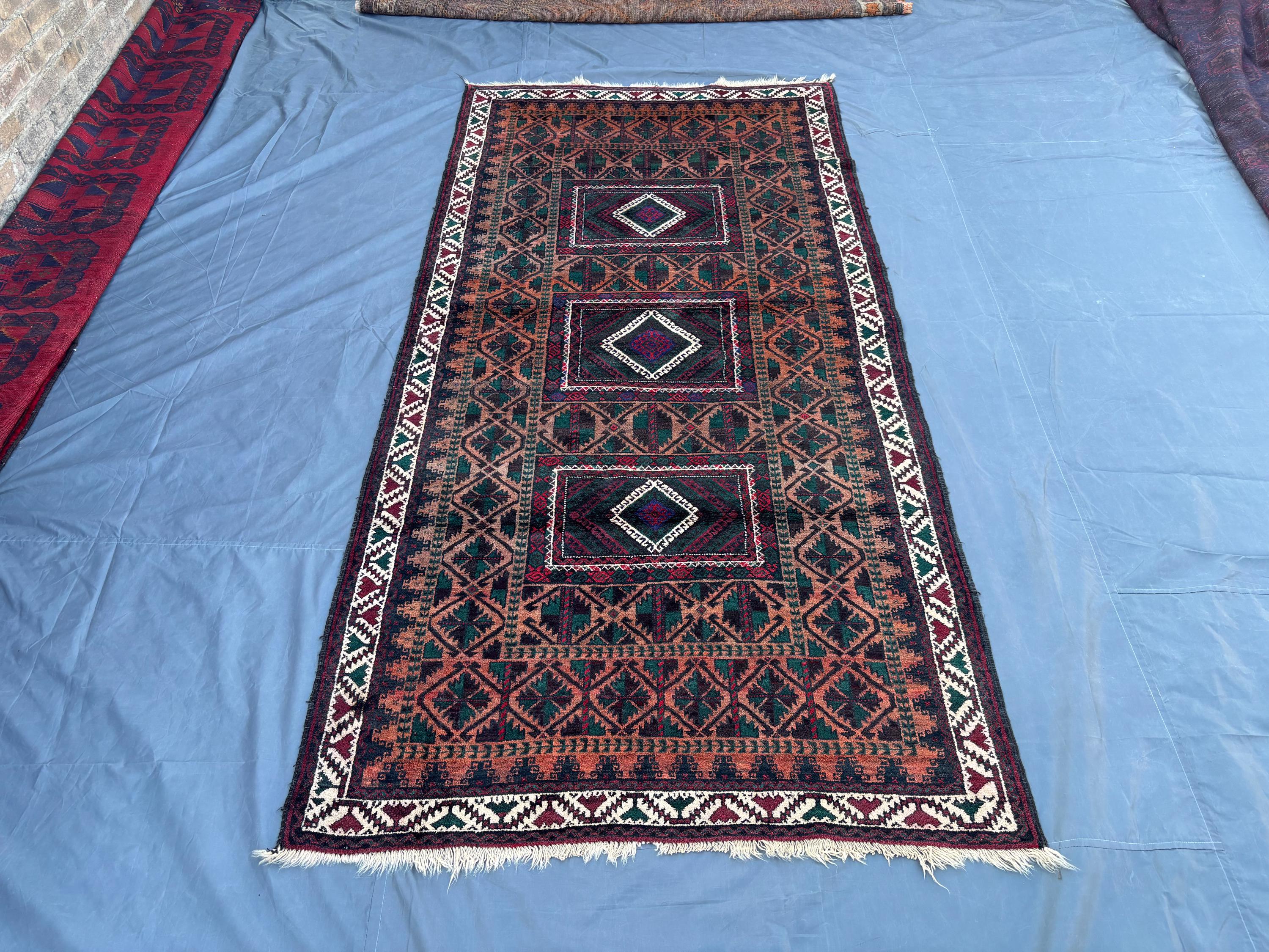 4'4 x 9 ft Vintage Afghan Hand-Knotted Baluchi Runner Rug Tribal Geometric Design Soft Wool Oriental Carpet fo