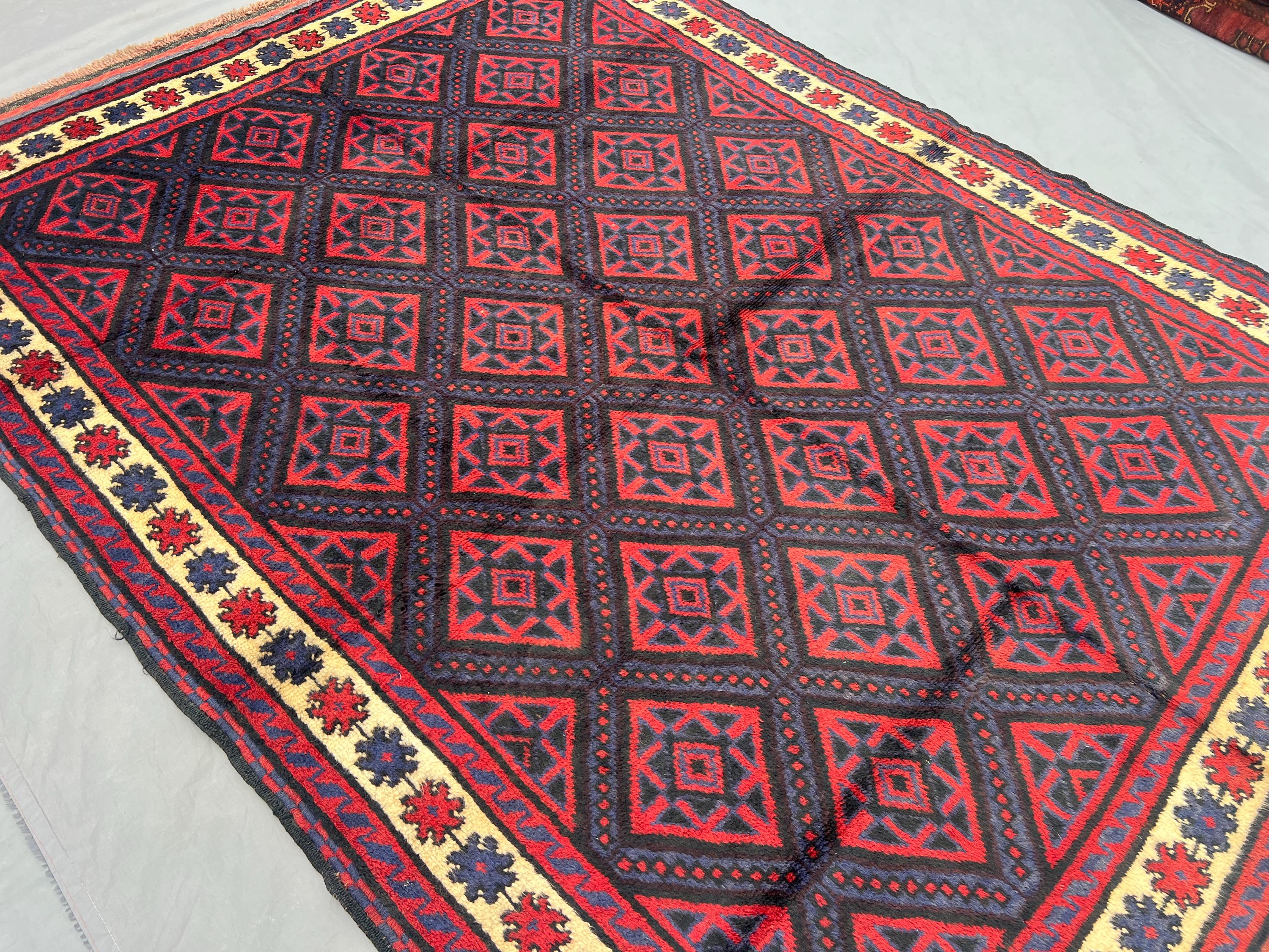 5'9 x 8 ft Vintage Afghan Baluchi Rug Hand Knotted Wool Moroccan Style Fine Rug Red Geometric Carpet Tribal Decorative Home Rug, Bedroom Rug
