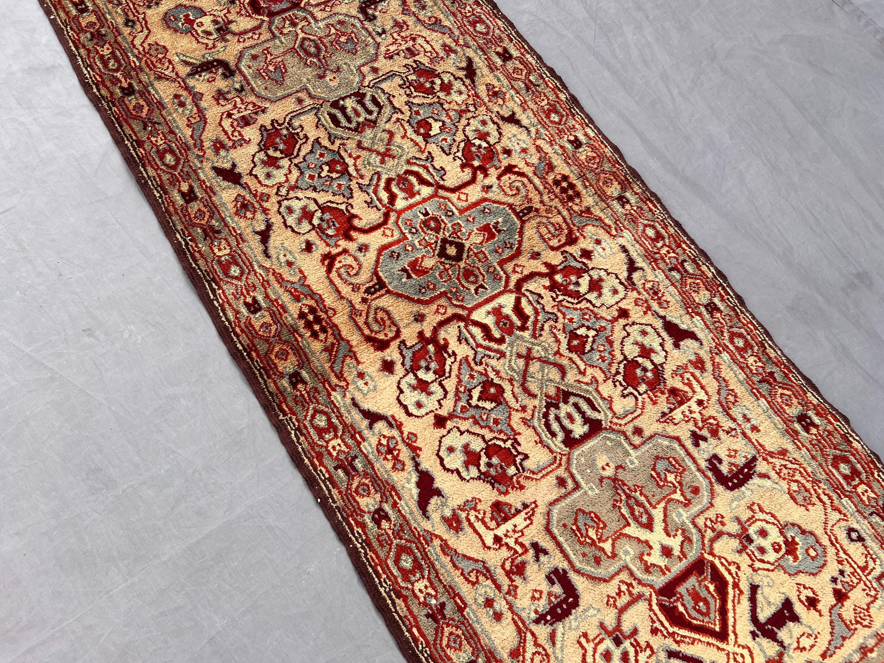 1.11 x 4.4 Vintage Turkish Hand-Knotted Rug Beige Red Oriental Design Soft Wool Runner One-of-a-Kind Boho Home