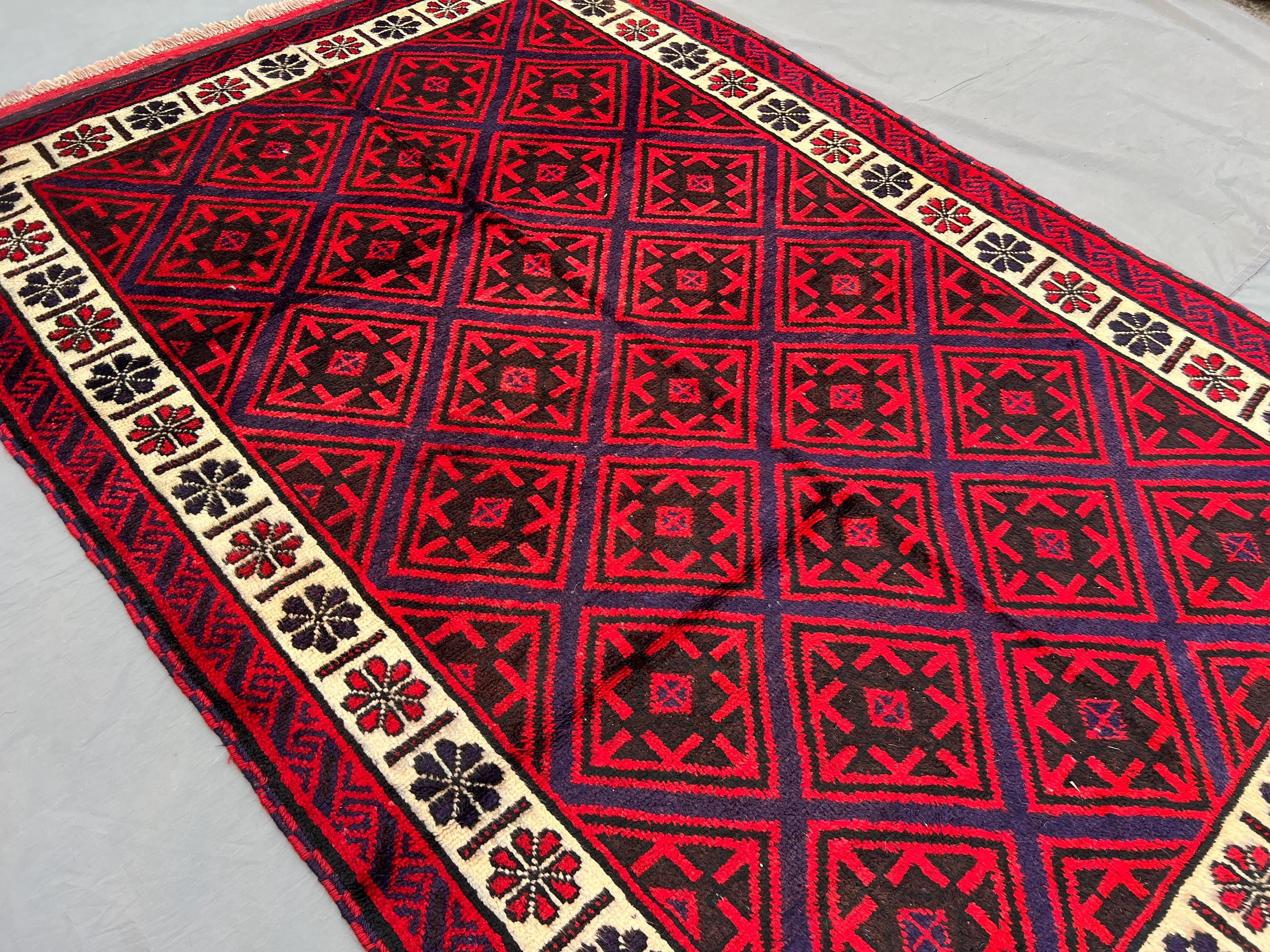5'5" x 8'3" Vintage Afghan Baluchi Hand-Knotted Tribal Rug, Soft Wool Pile, Geometric Diamond Design, Rare Oriental Carpet, farmhouse Rug