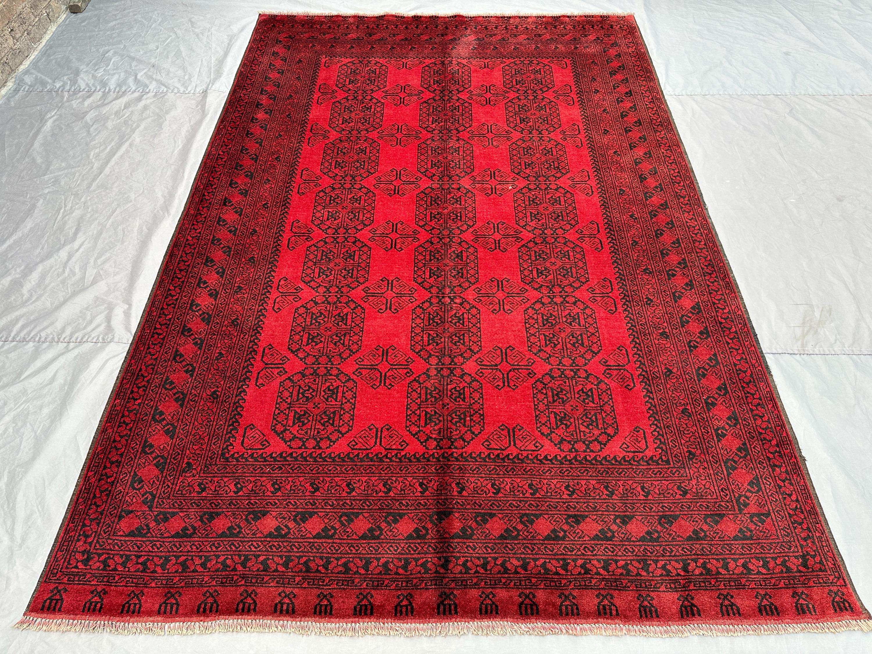 7 x 10 ft Vintage Afghan Hand Knotted Turkoman Esari Red Rug, Large Oriental rug, Soft Pile Geometric Tribal Area Rug | farmhouse decor rug