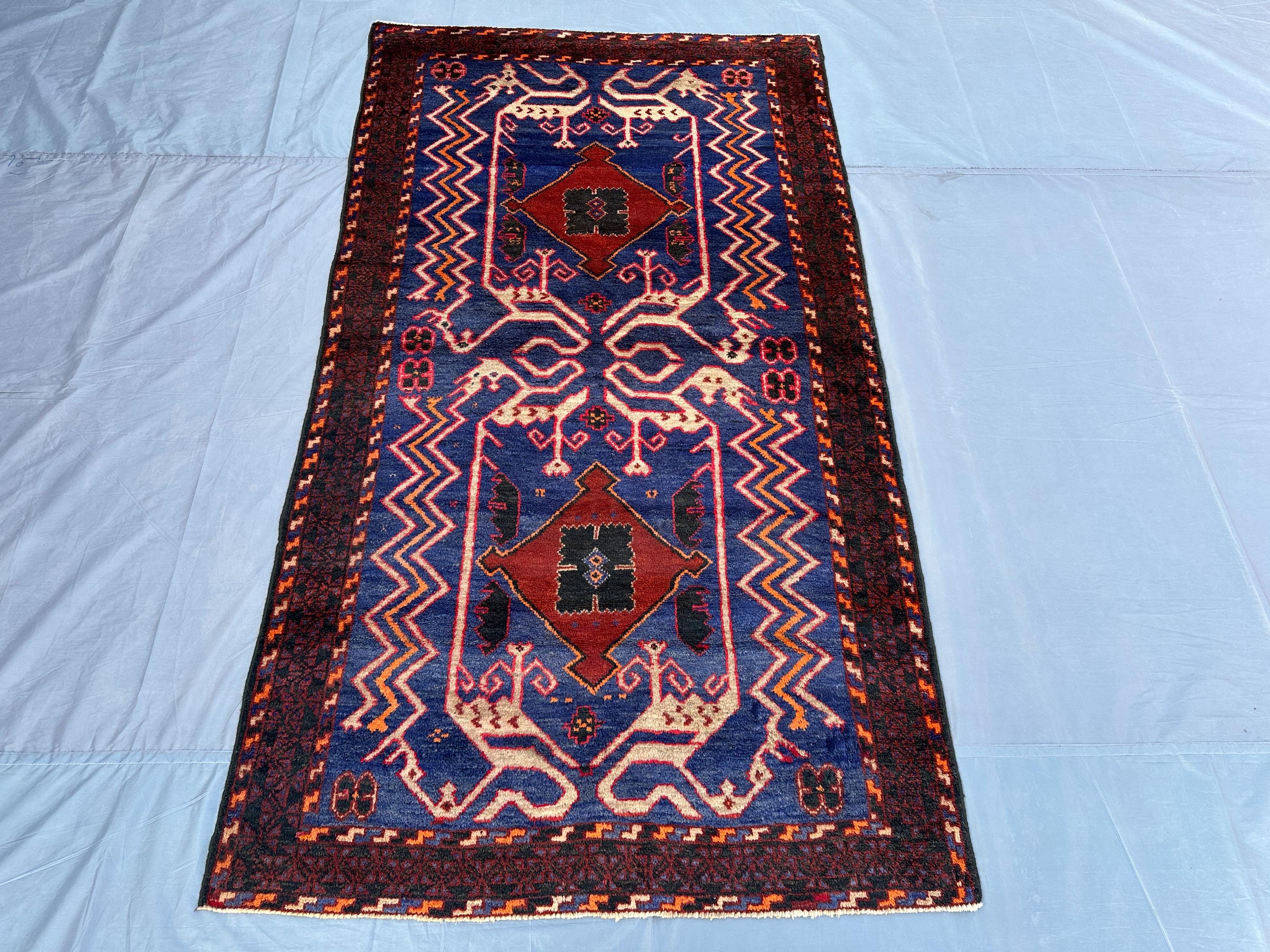 4x7.4 ft Antique Afghan Baluch Rug Hand-Knotted Tribal Wool Carpet Vibrant Blue Geometric Design Vintage Afghan Decor, Kitchen Rug, Baho Rug