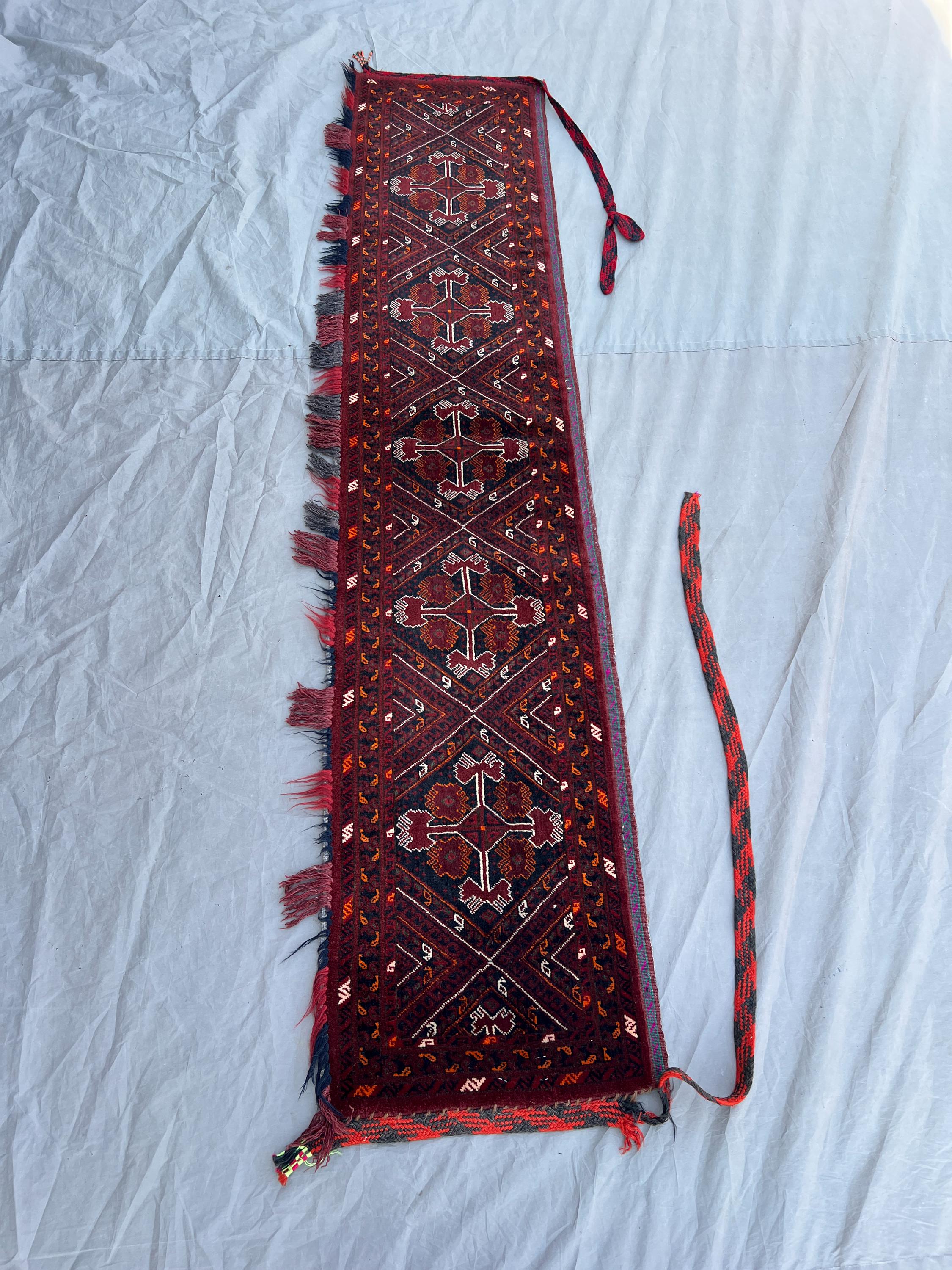 1'5x6'8 Ft Antique Afghan Baluchi Torba Tent Band, Handwoven Dense Gul Diamond Dark Red Navy Wool Wall Hanging | Boho Collector Decor