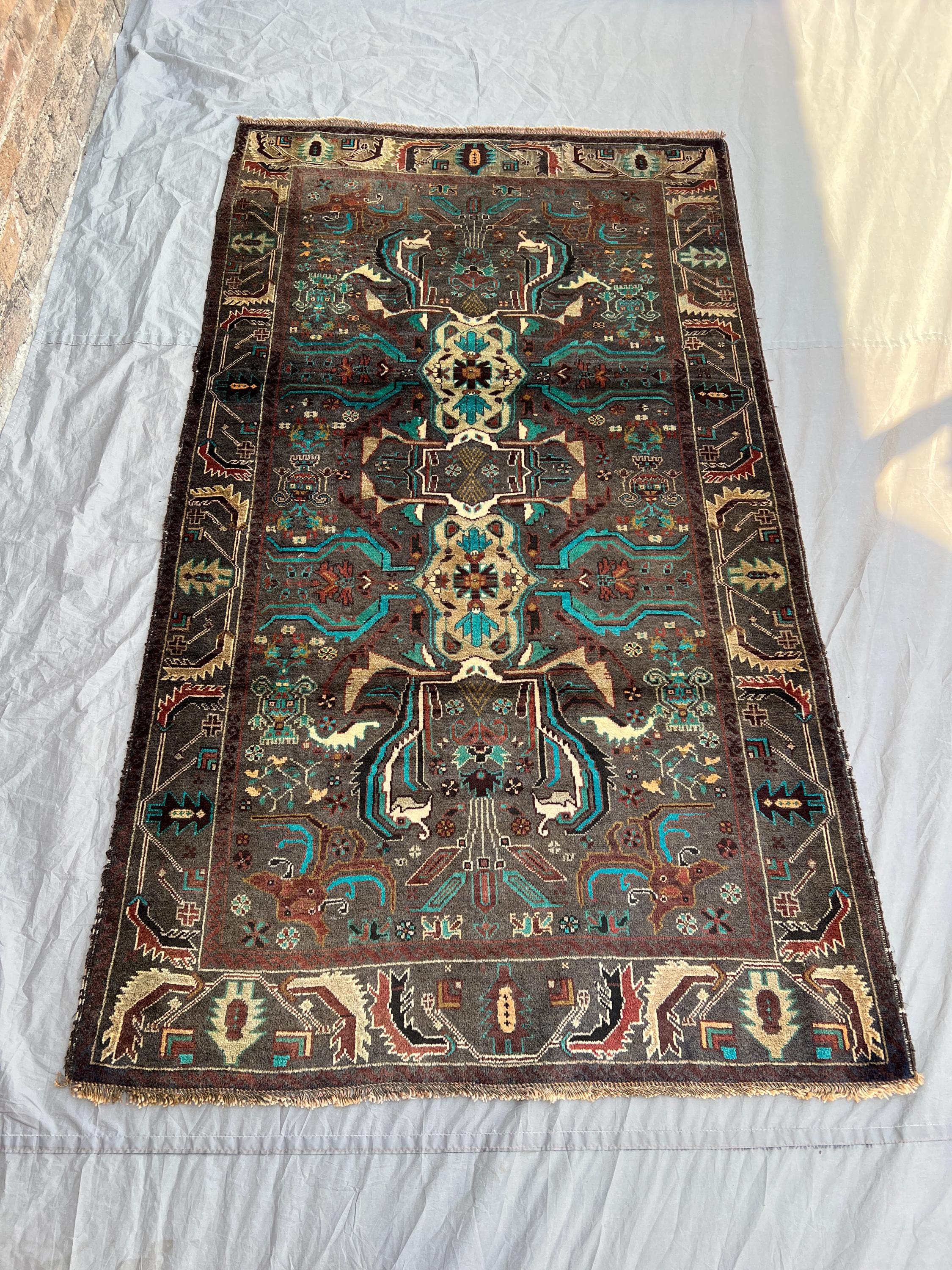 3'10x6'1 Ft Antique Afghan Wool Pile Rug Handwoven Geometric Medallion Dark Charcoal Teal Ivory Burgundy Area Rug | Living Room Bedroom