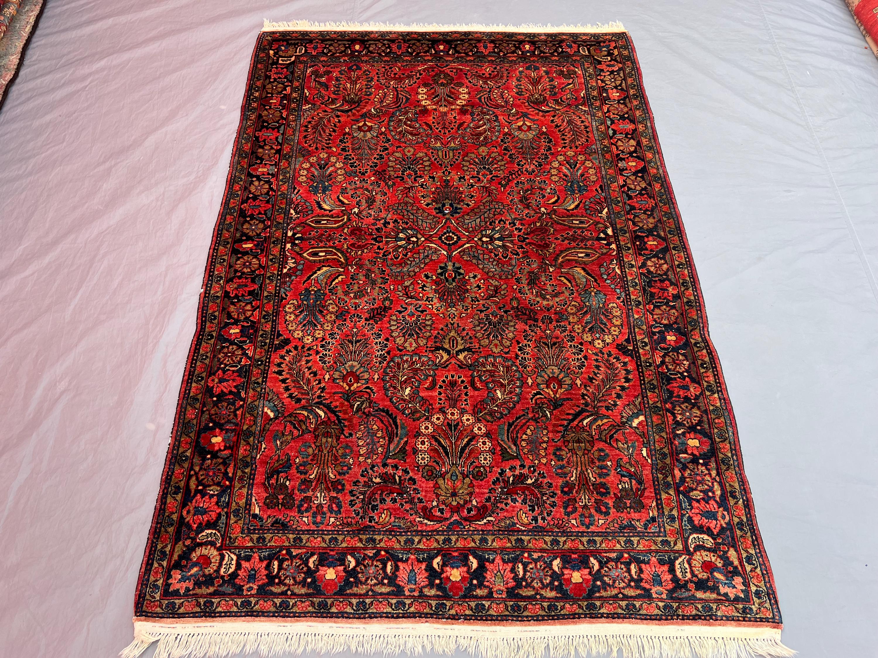 4'3x6'7 Vintage Afghan Hand-Knotted Rug Soft Pile Red, Navy, Beige Floral Design Tribal Wool Area Rug Living R