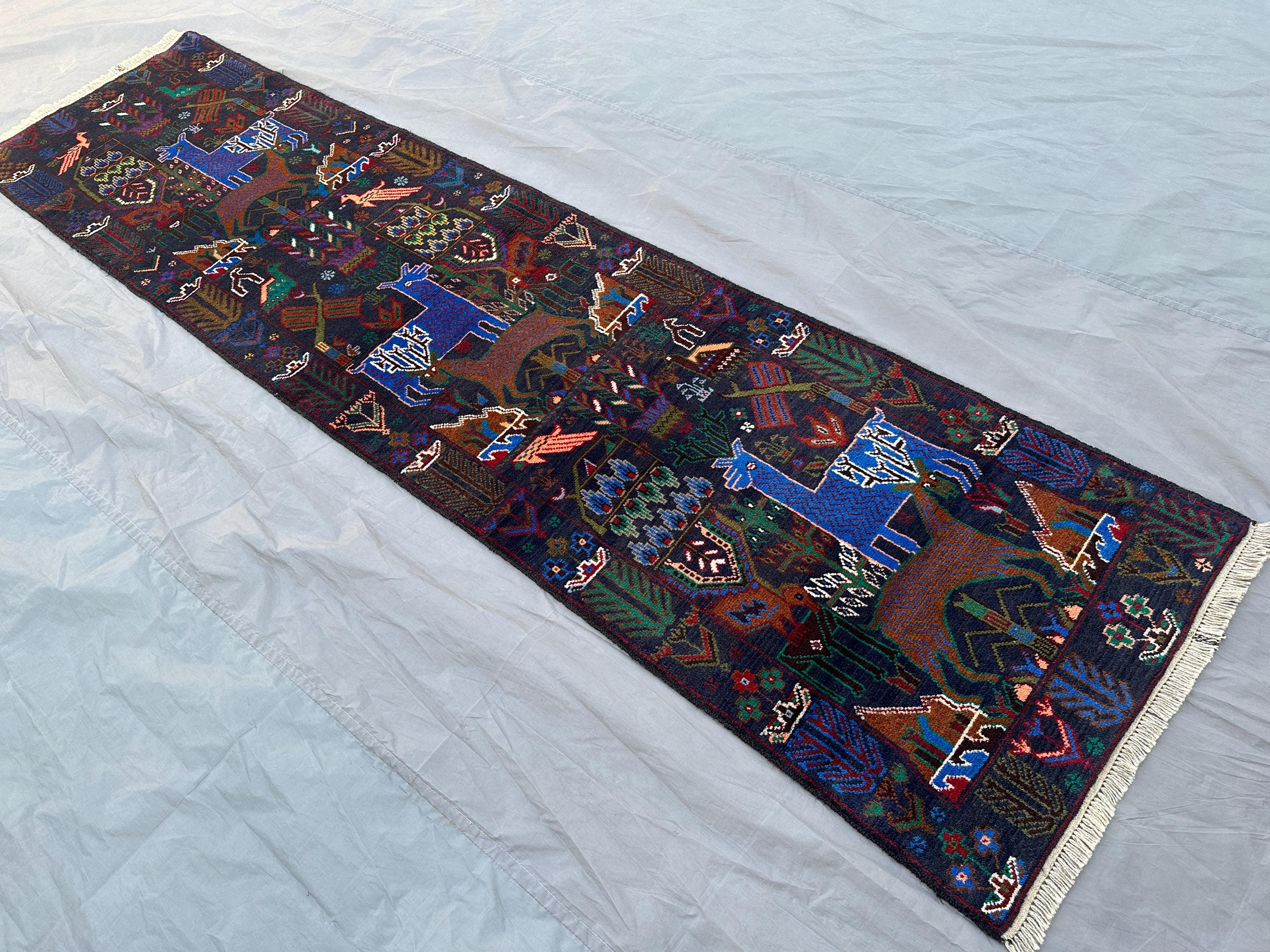 2'5x9'5 ft Vintage Afghan Hand Knotted Baluchi Runner Rug Tribal Pictorial Animal Hunting Design Hallway Entryway Rug, Moroccan rug Boho Rug