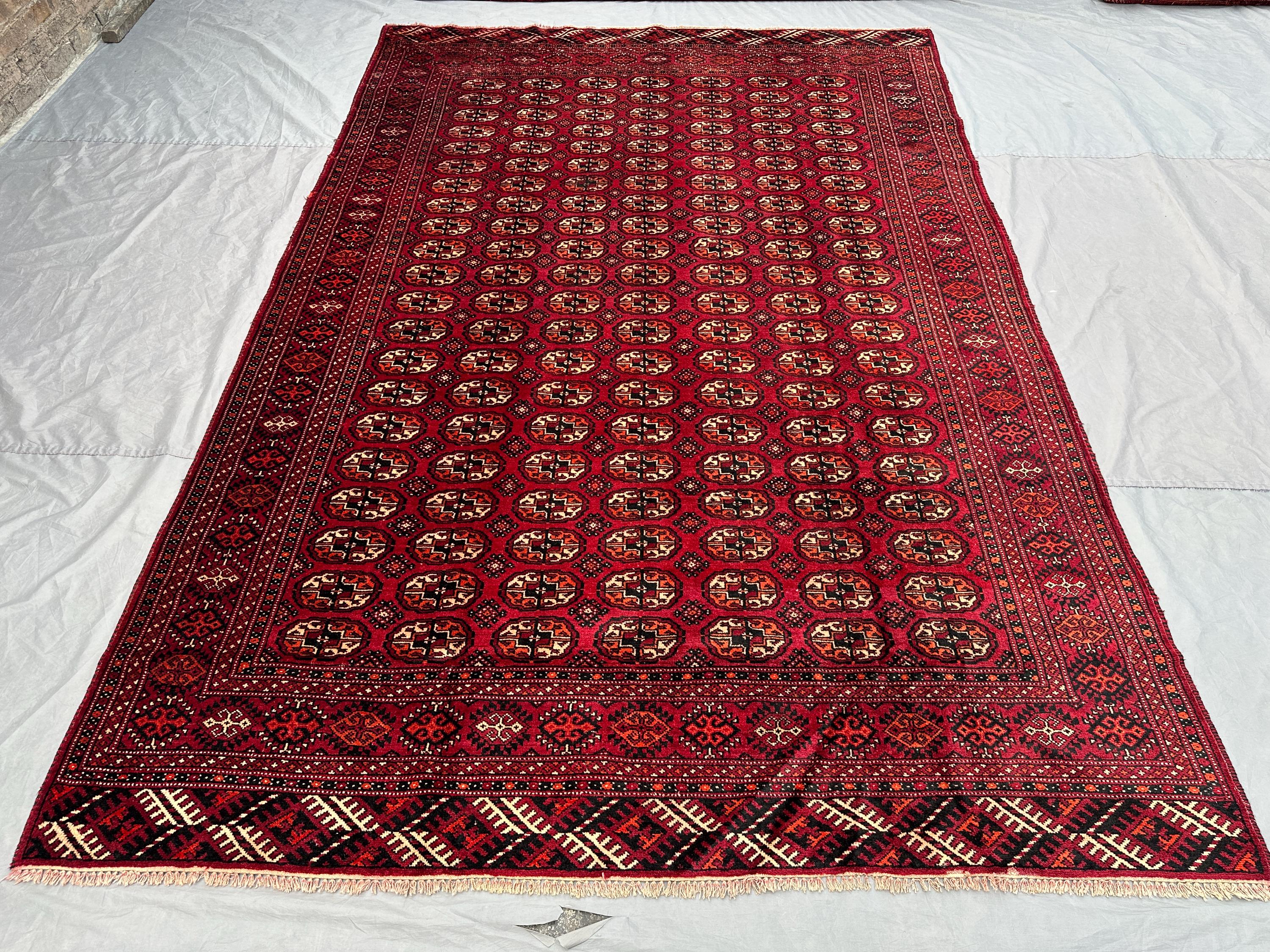 7 x 11 ft Afghan hand knotted vintage Turkmen Bashiri rug, red large oriental rug soft pile tribal design, area rug | living room decor rug