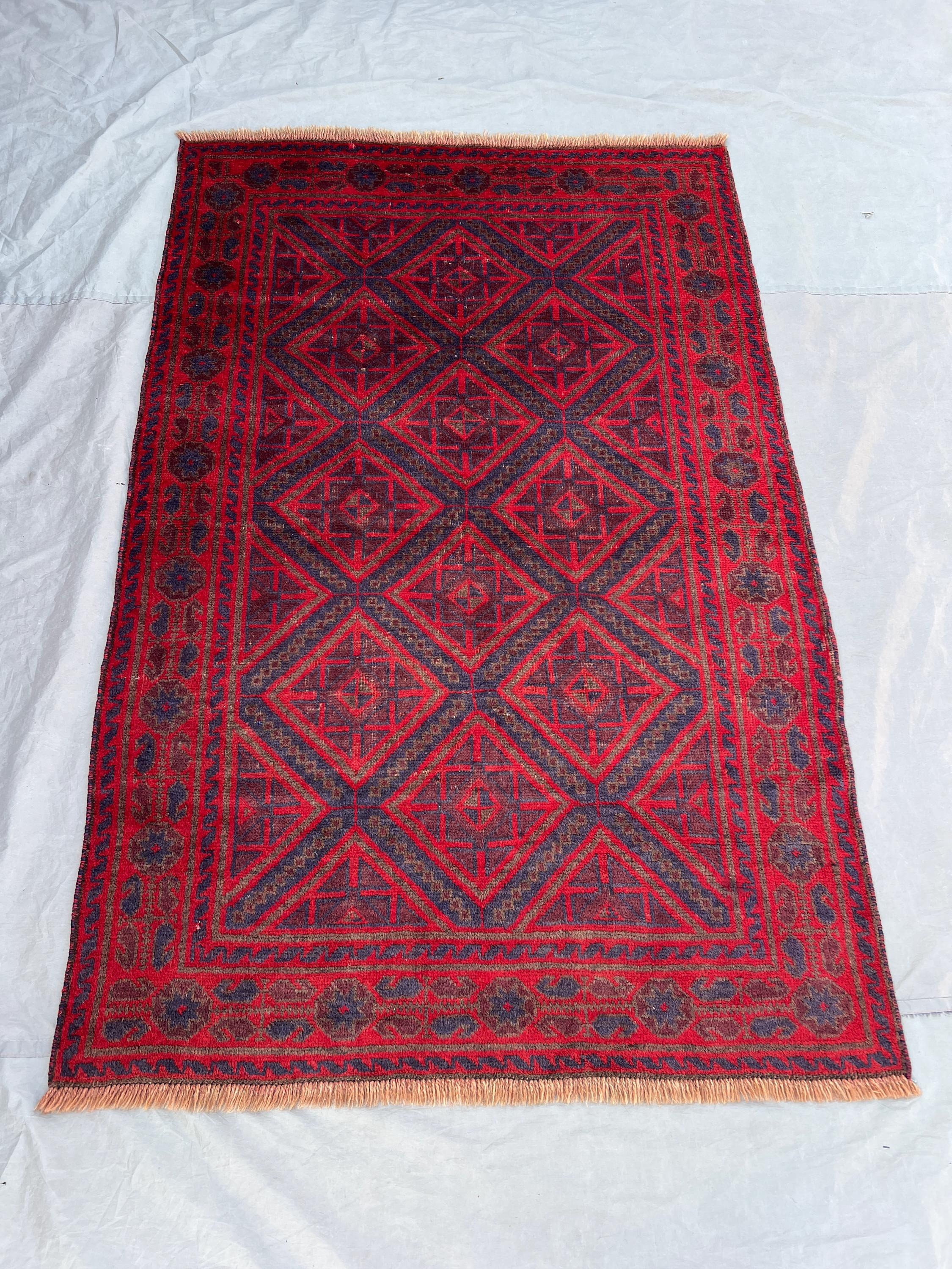 4'2x6'4 Vintage Afghan Hand Knotted Wool Rug Bold Red Navy Large Diamond Geometric All Over Tribal Boho Living Room Bedroom Accent Carpet