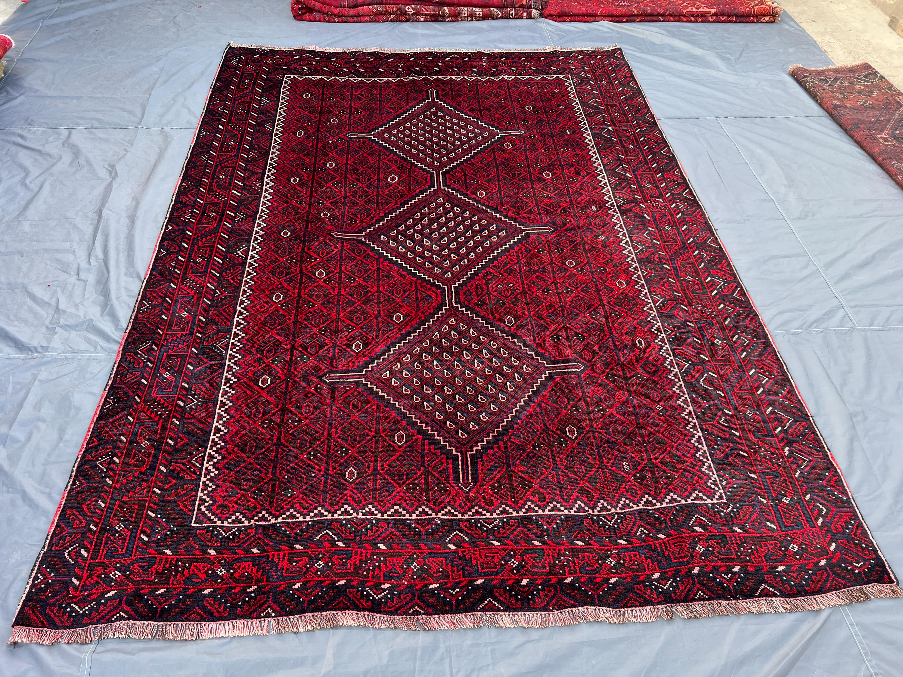 7'1 x 9'11 ft Antique 1910s Turkish Caucasian Large Area Rug Red Burgundy Hand Knotted Wool Tribal Center Medallion Living Room