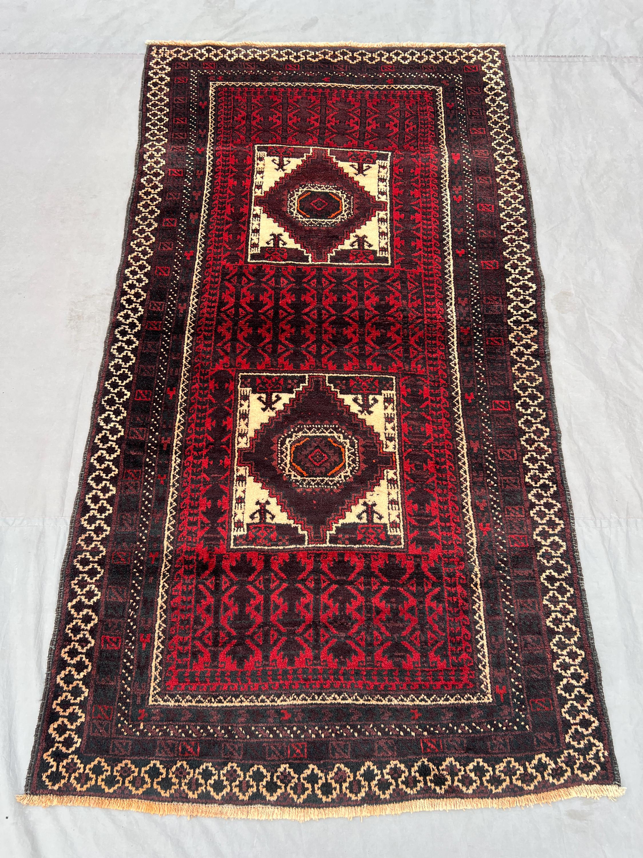 4x7 Afghan Baluch Rug | Hand-Knotted Tribal Wool Carpet | Rust Red Geometric Medallion Design | Vintage Nomadic Fine Rug, Living Room Decor