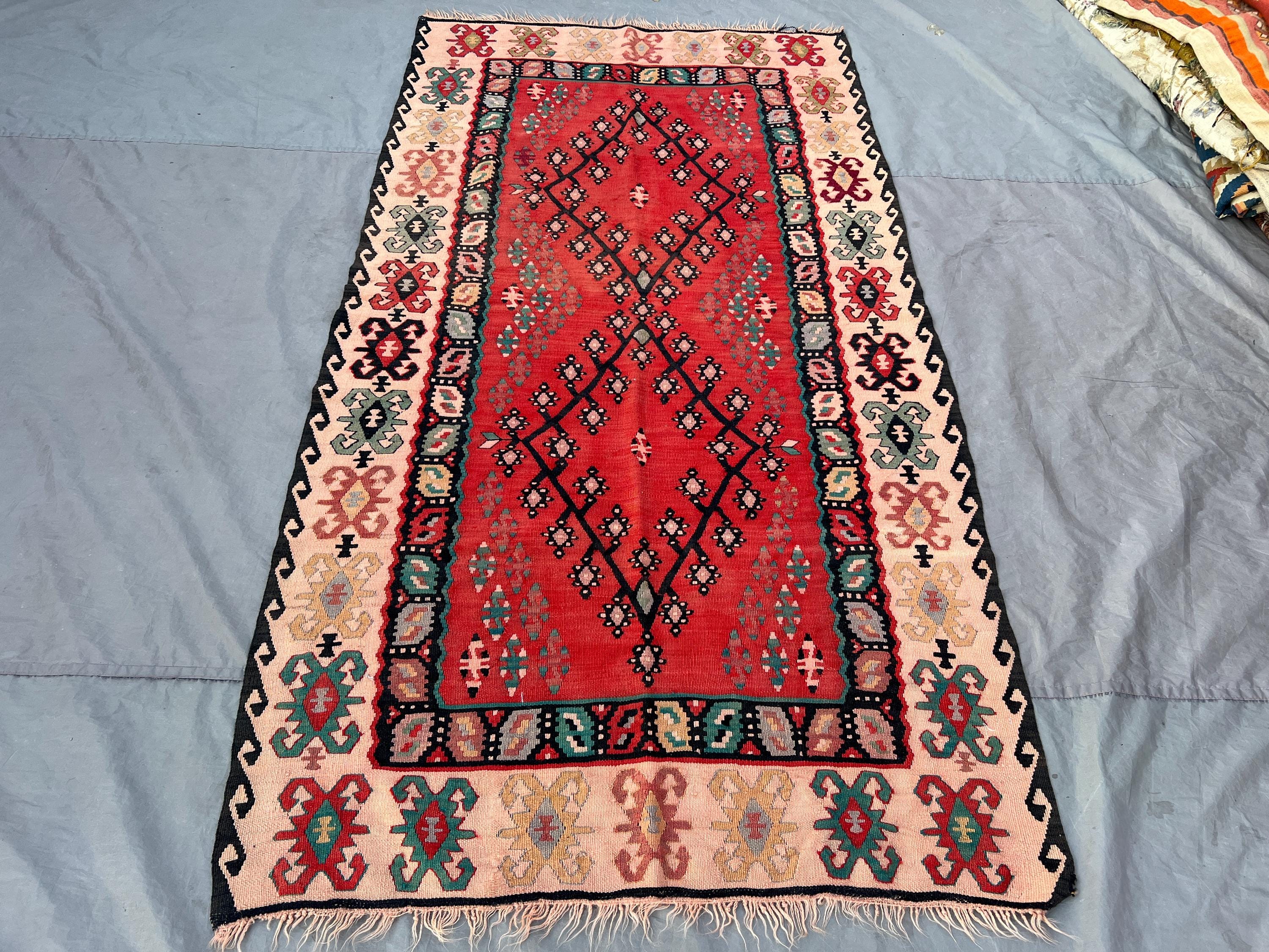 4'3 x 8'1 ft Antique Afghan Kilim Flat Weave Rug, Tribal Geometric Design, Wool, Vintage Area Rug for Living R