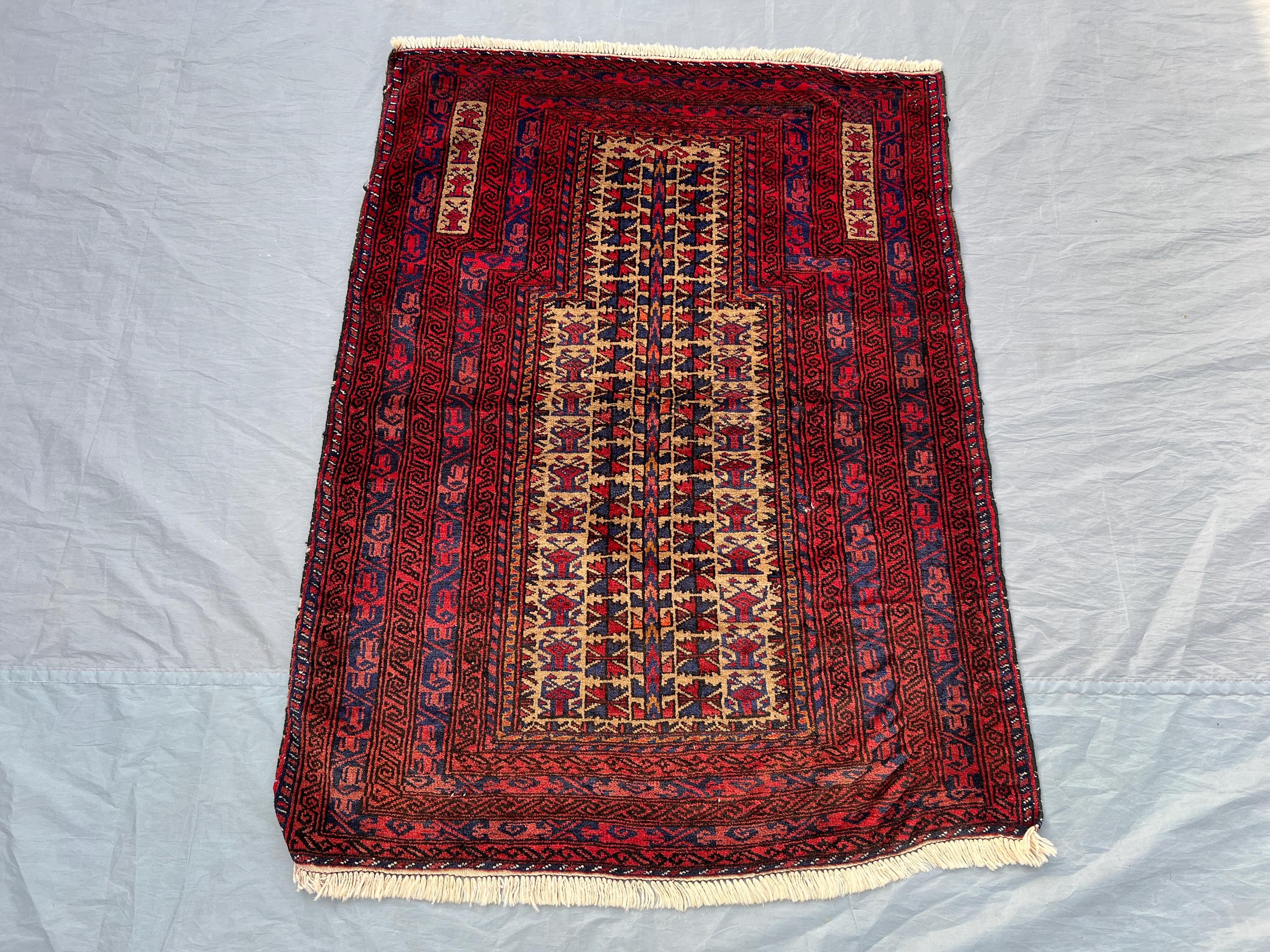 Antique Afghan Prayer Rug 3x4 | Hand Knotted Wool Baluchi Carpet | Tribal Geometric Mihrab Design | Islamic Vintage Floor Decor Rug