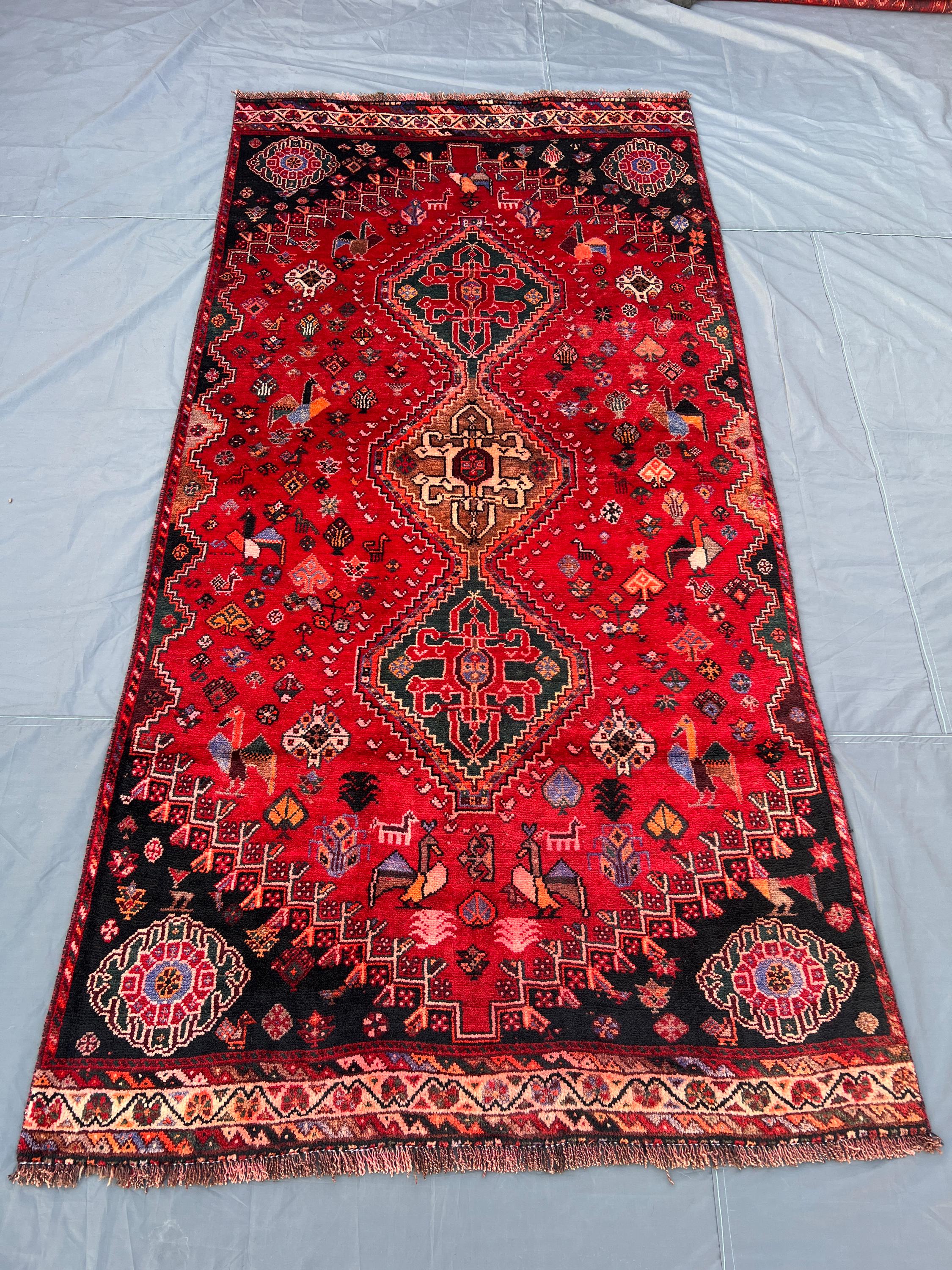 Red Black 4'3 x 8'6 ft Antique Caucasian Area Rug, Hand Knotted Wool Tribal Soft Pile Center Medallion Living Room Rug One Of A Kind
