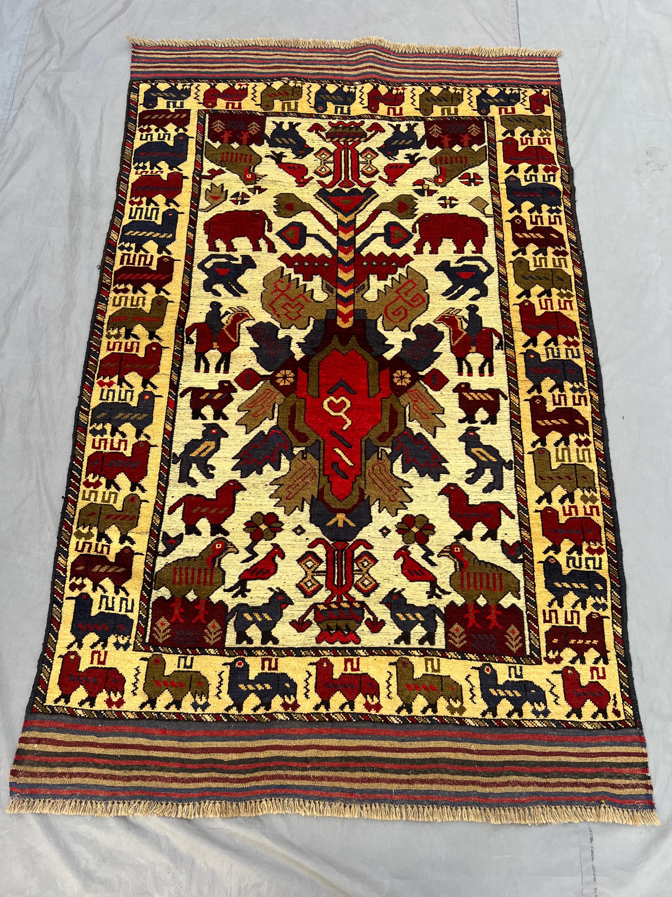 Vintage Afghan Baluchi Hand Knotted Animal Motif Rug 4 x 6.5 Ft Tribal Wool Area Rug Nomadic Folk Art Decor Living Room, Study, Bedroom