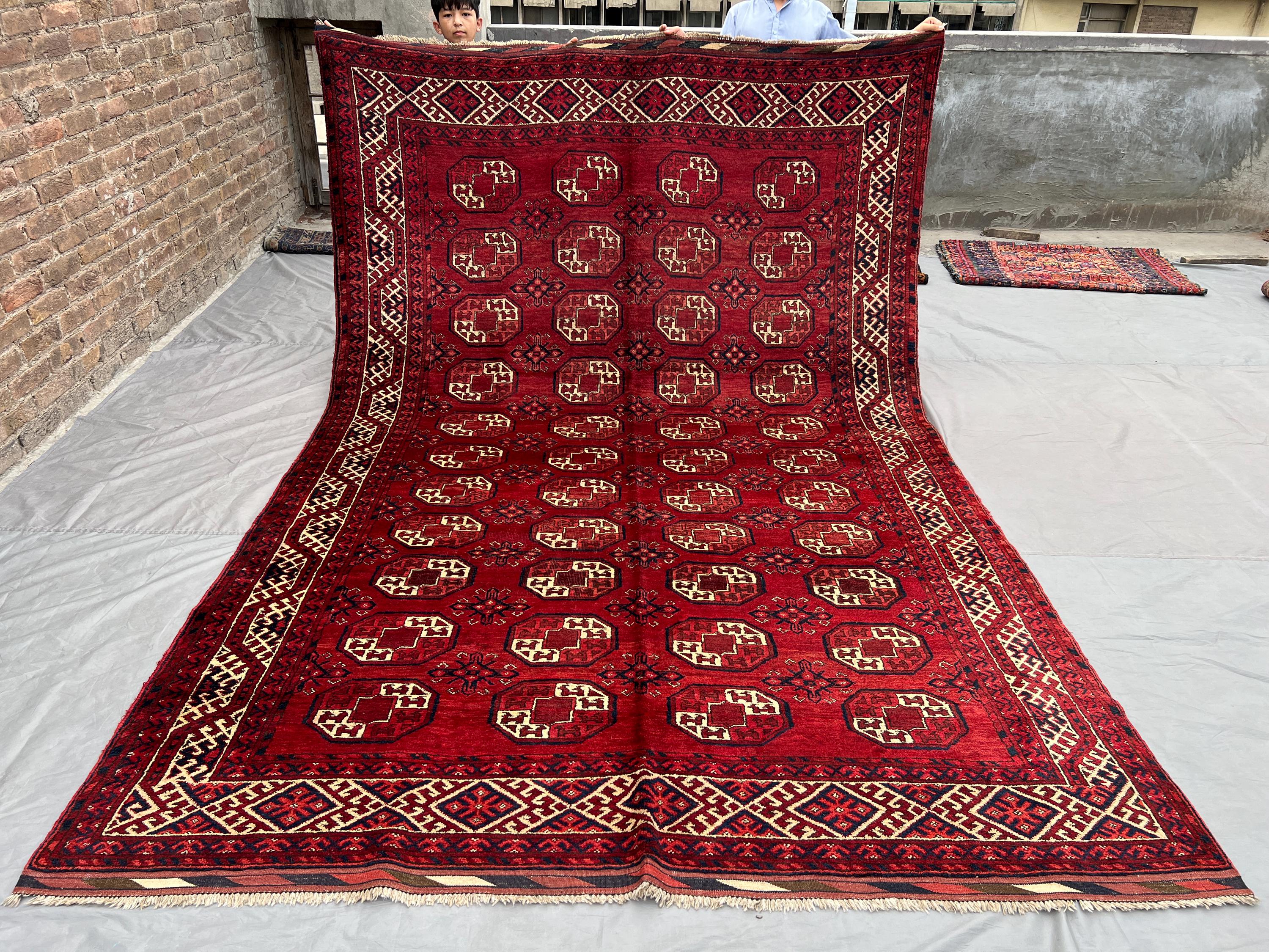 7 x 11 ft Afghan Hand Knotted Vintage Turkmen Bukhara Rug - Red, Black, Ivory \ vintage living room \ area rug