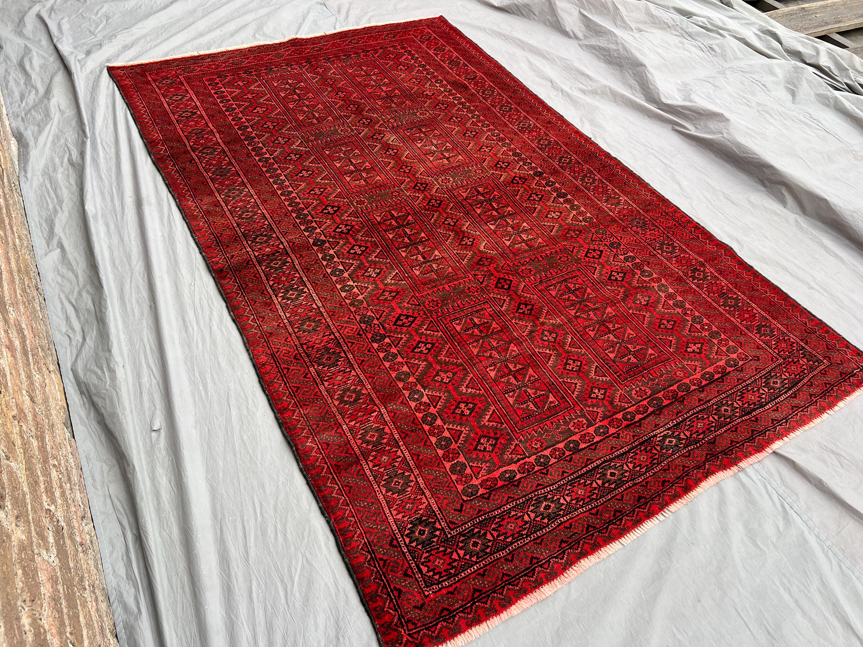 5x8 ft Vintage Afghan Baluch Rug | Antique Hand-Knotted Wool Carpet | Tribal Geometric Red Area Decor | Orient