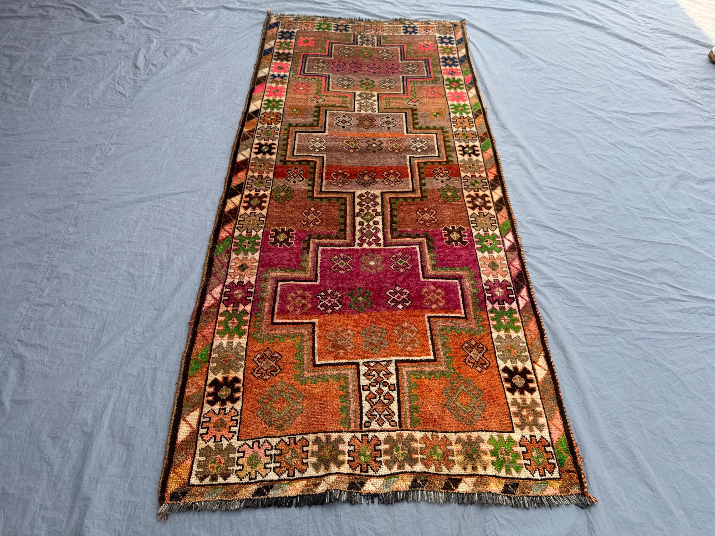 Terracotta 3'11 x 9'1 Ft Turkish Inspired Vintage Caucasian Hand Knotted Tribal Runner Rug Geometric Wool Soft Pile Hallway Decor Entry way