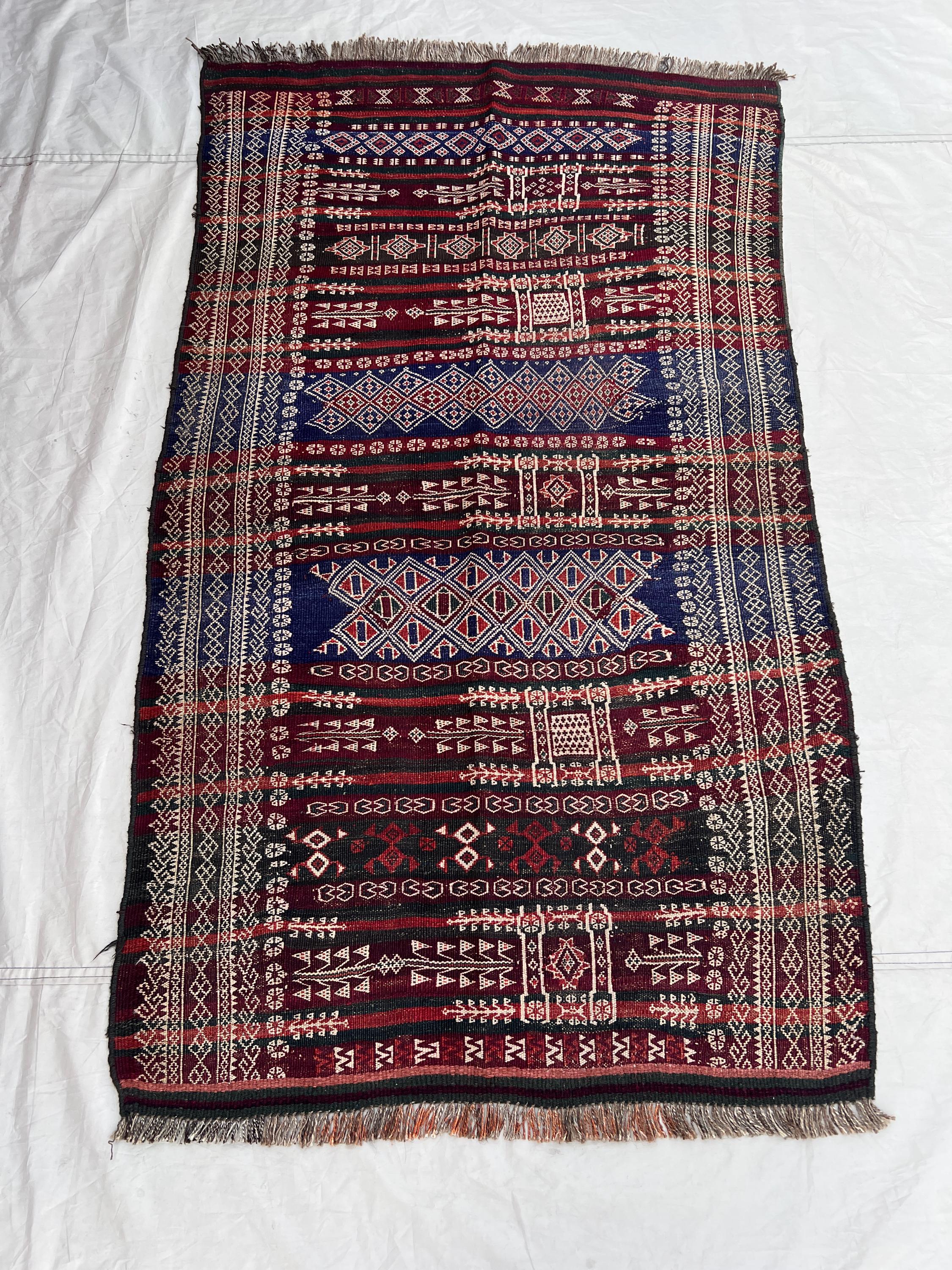 3'5x6'2 Antique Afghan Flat Woven Soumak Wool Kilim Dark Burgundy Navy Stripe Geometric Diamond Arrow Tribal Boho Bedroom Accent Carpet