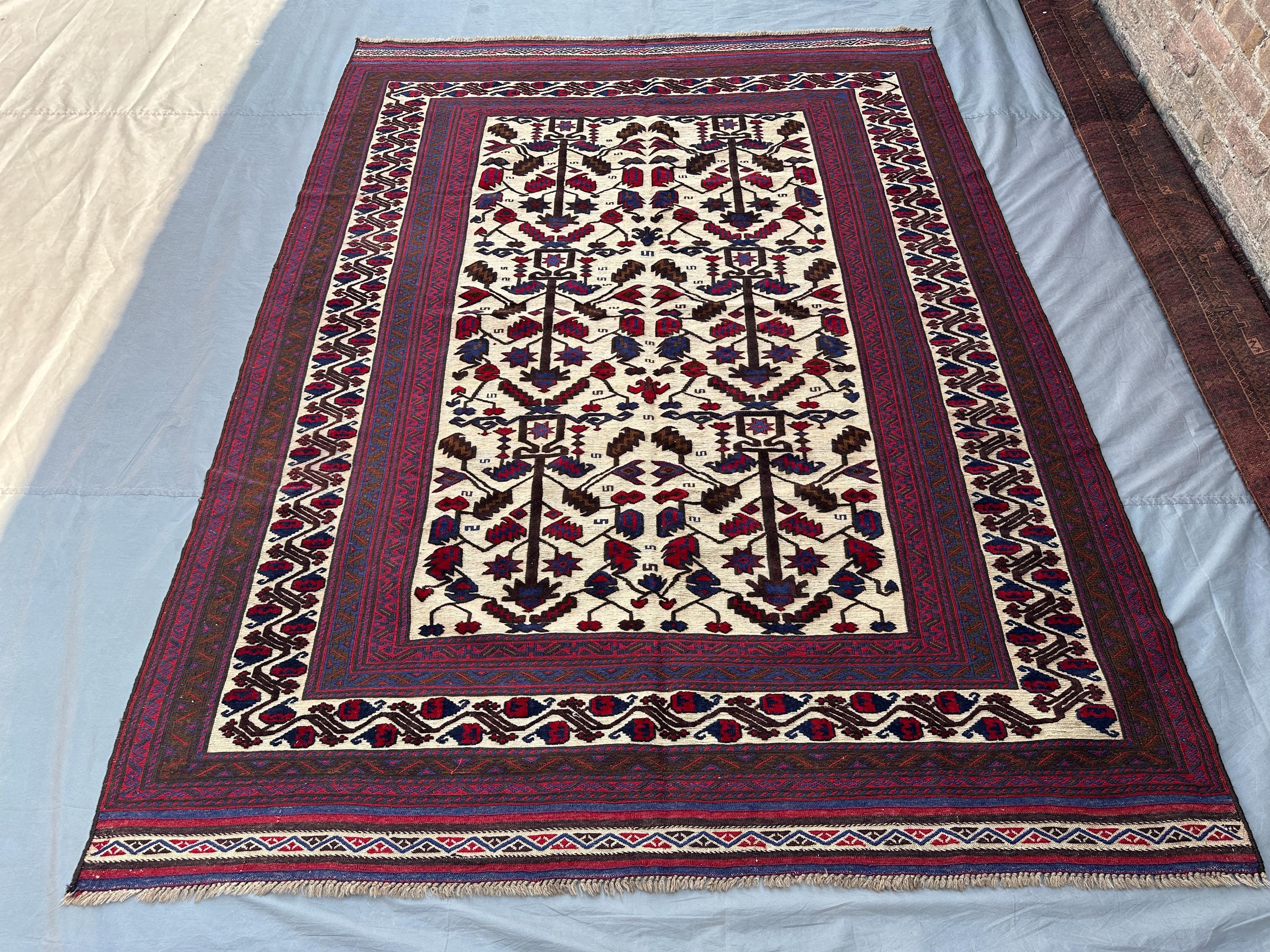 6'3x8'7 ft Afghan Handmade Kilim Rug | Tribal Wool Bajesta Baluch Rug | Hand Woven Rustic Area Carpet | Living Room Decor Rug, Bedroom Rug