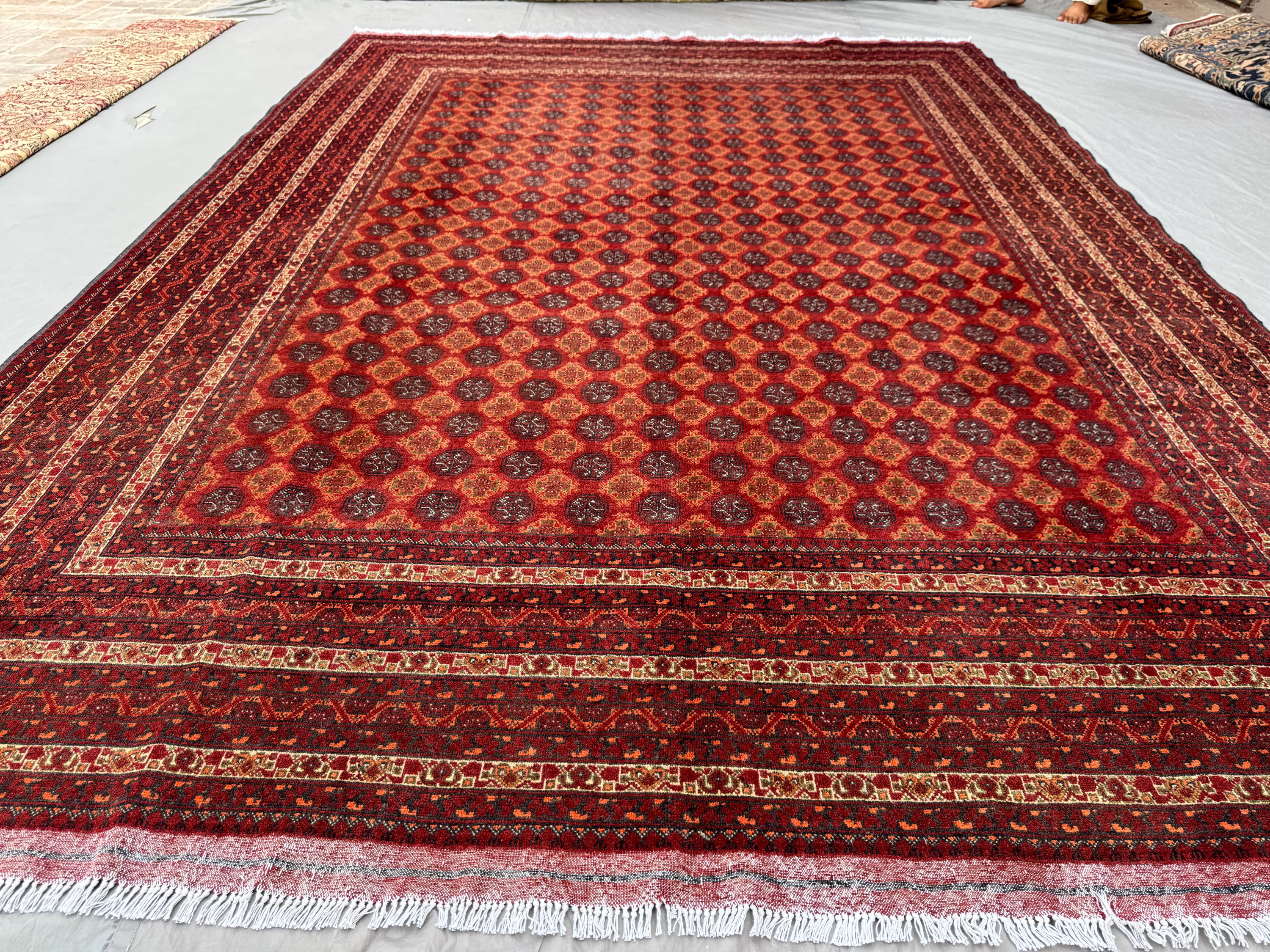 8 x 12 ft Afghan Hand Knotted Vintage Soft Pile Rug, Rare Turkoman Bokhara Mori Gul Design, One-of-a-Kind Large Area Rug