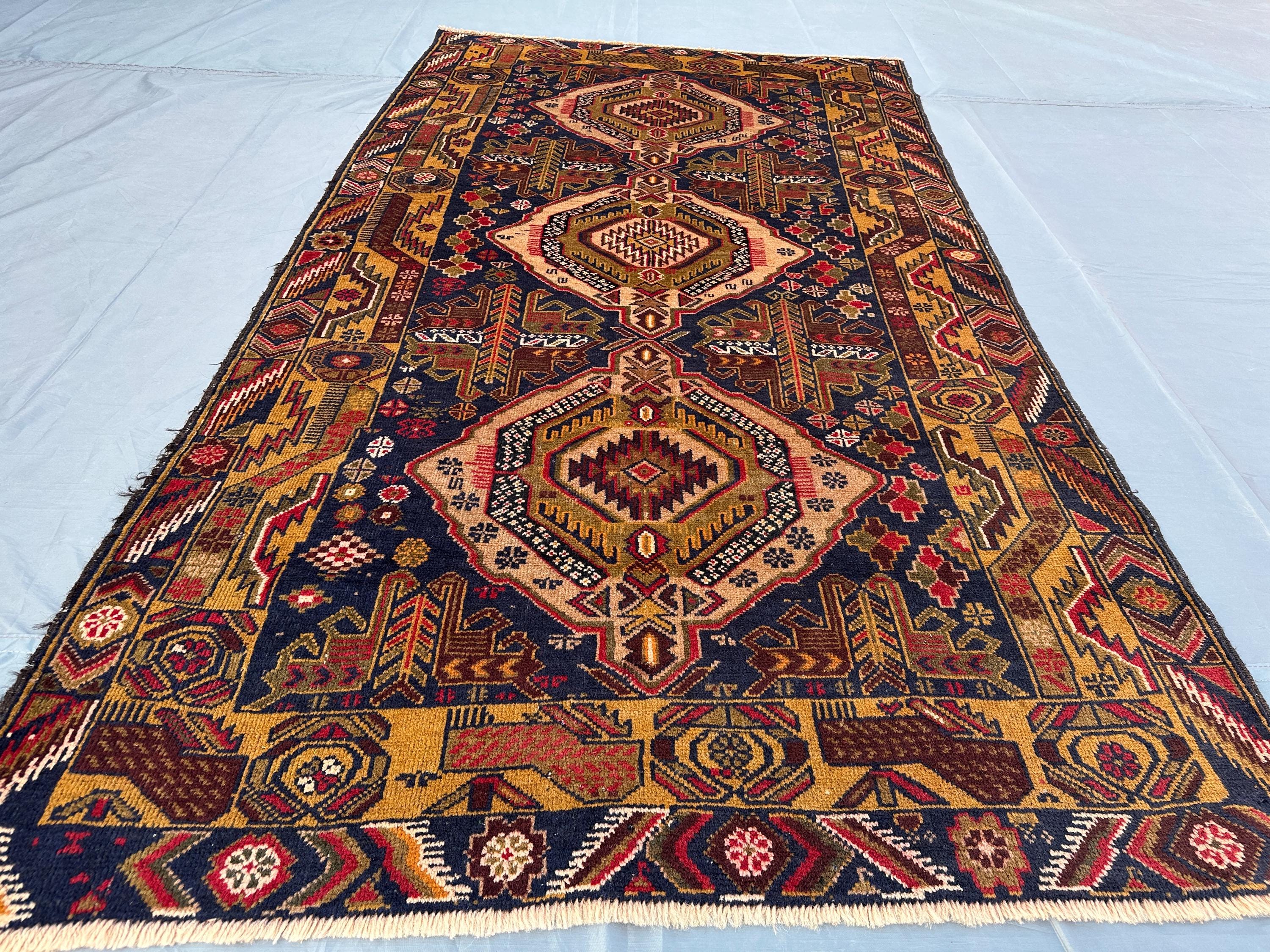 3.7x6.5 ft Vintage Afghan Baluchi Tribal Rug Zakani High-Quality Wool Handmade Geometric Design Rug, Turkish R
