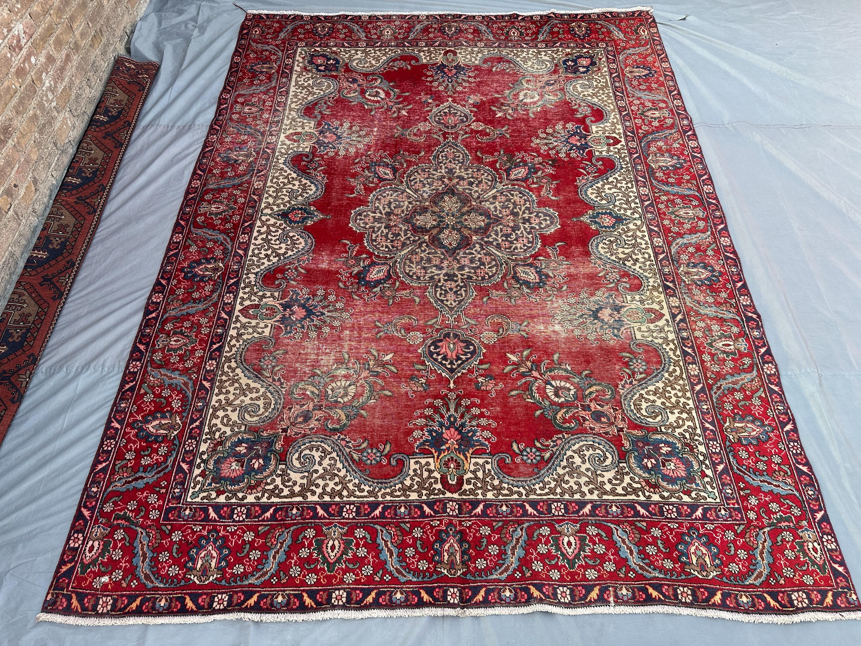 8'2x11'2 ft Antique Turkish Hand Knotted Tribal Rug Turkmen Style No Pile Distressed Rug | Geometric Pattern L