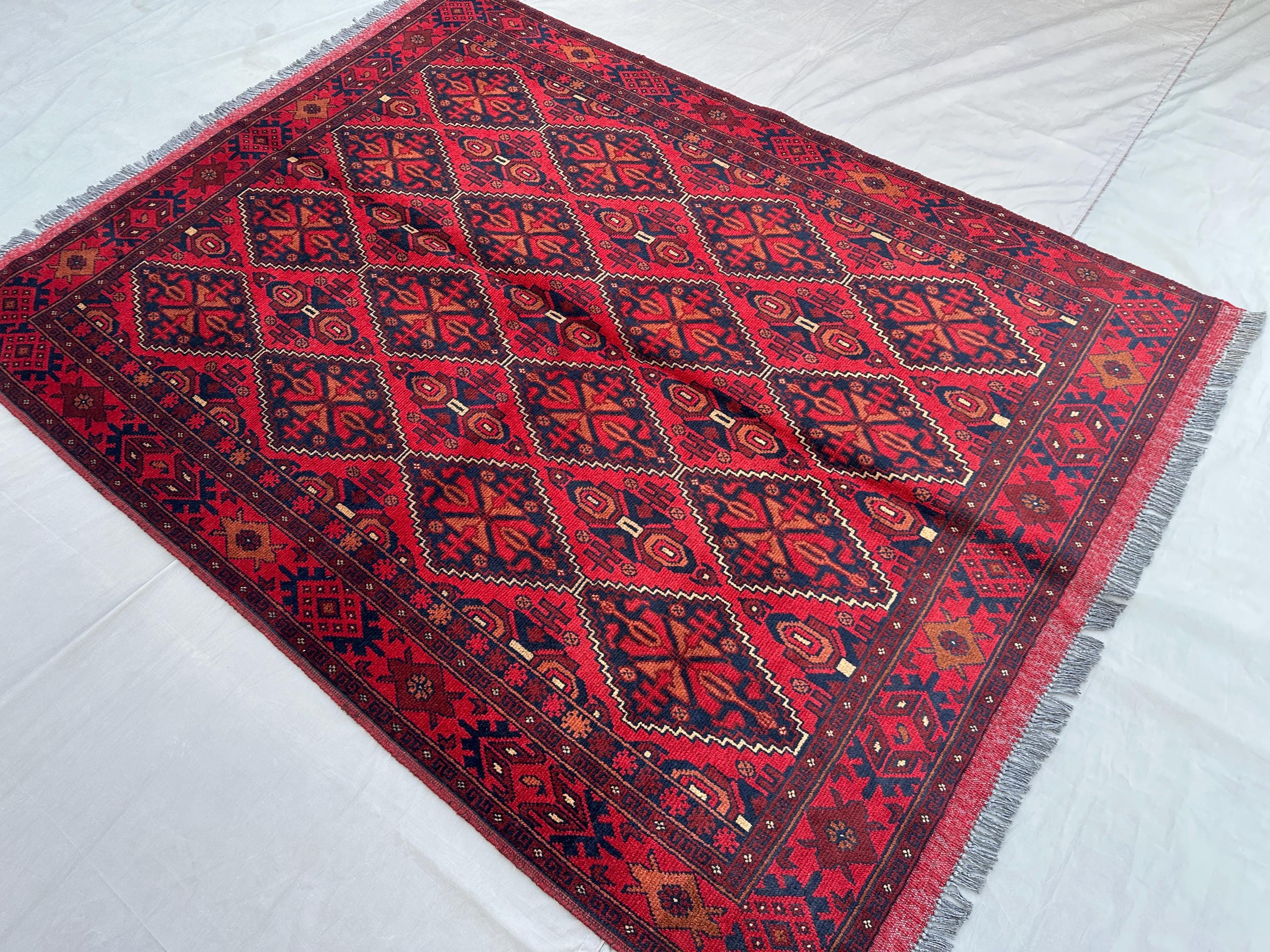 Afghan Turkoman Tribal Rug 4'1x6'8 ft Handmade Bukhara Carpet | Bedroom Rug, Geometric Wool Rug | Traditional
