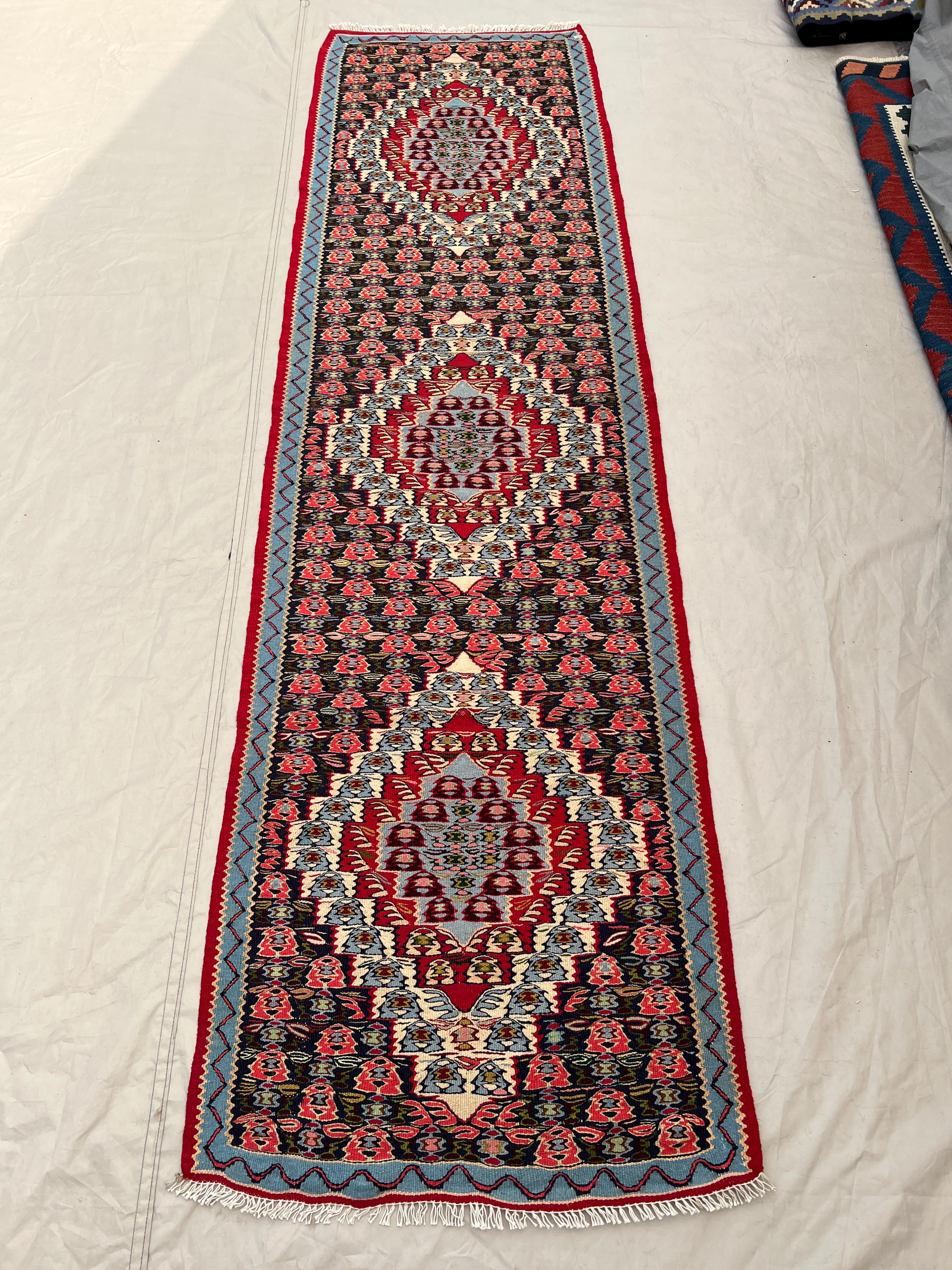 2'4x8'4 Ft Vintage Afghan Senneh Kilim Runner Flatweave | Navy Pink Floral Medallion Chain| Handwoven Wool Rug