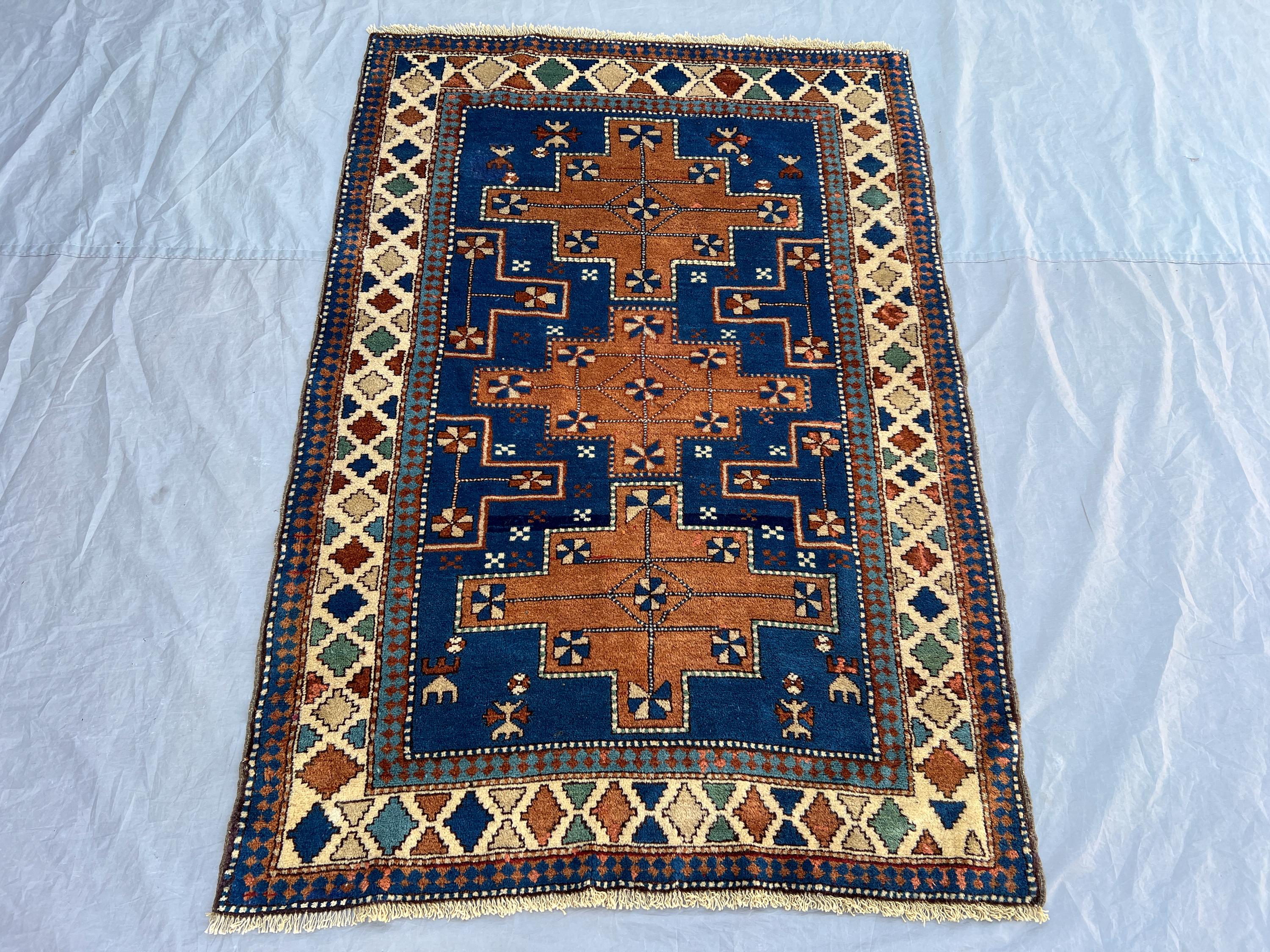 3'6x5 ft Vintage Afghan Kazak Style Rug | Bold Stepped Cross Medallion Hand Knotted Caucasian | Royal Blue Rust Brown Ivory | Boho Rug