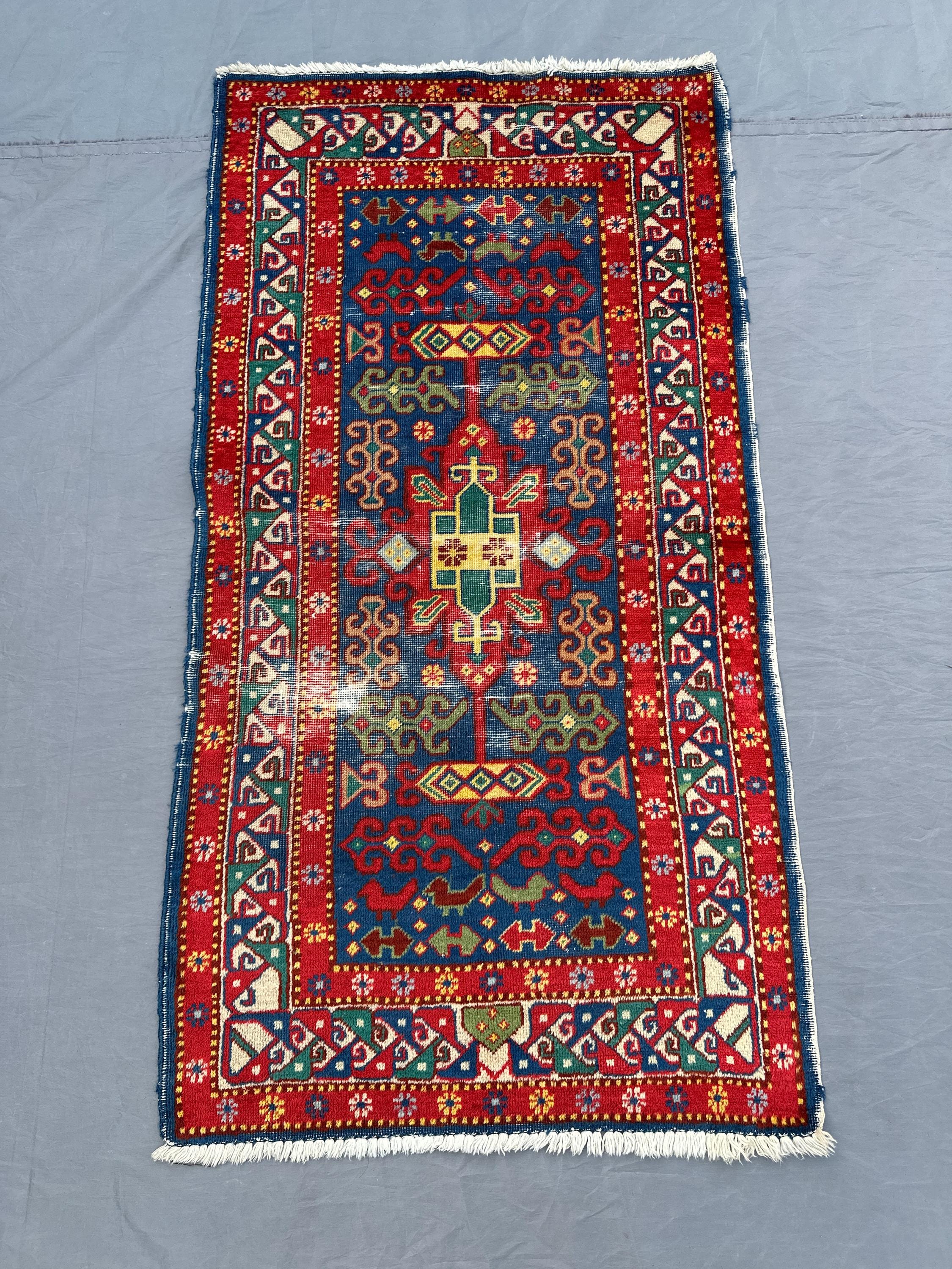 2'4x4'4 ft Semi Antique Kazak Rug | Caucasian Tribal Rug No Pile | Distressed Faded Area Rug | Boho Decor | Handwoven Wool Rug, Laundry rug