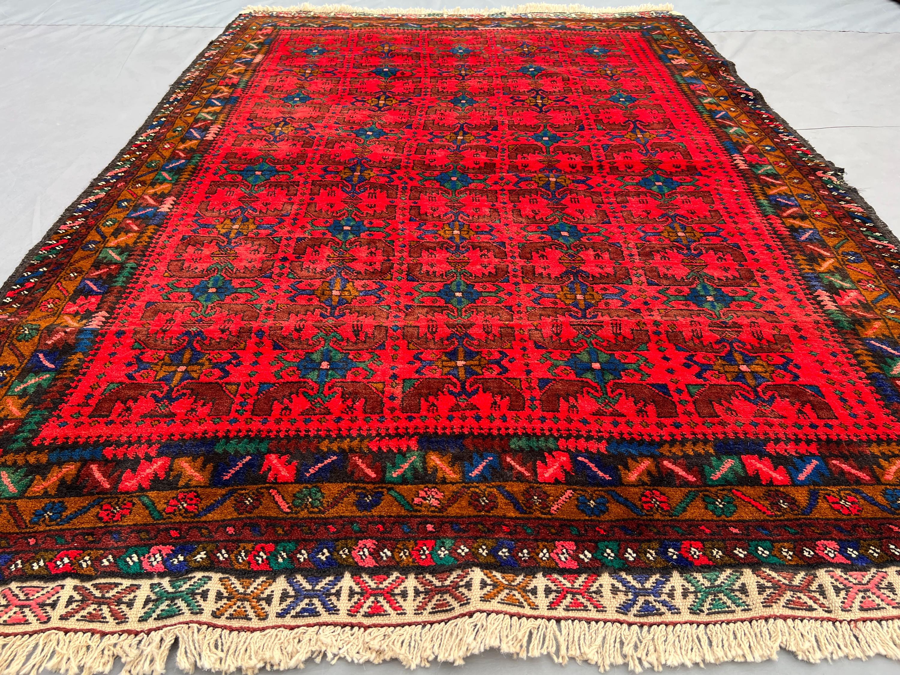 4'4x6'6 ft Vintage Afghan Baluchi Hand Knotted Rug | Red, Blue, and Brown Wool Tribal Carpet | Geometric Pattern | Bedroom/Kitchen Rug