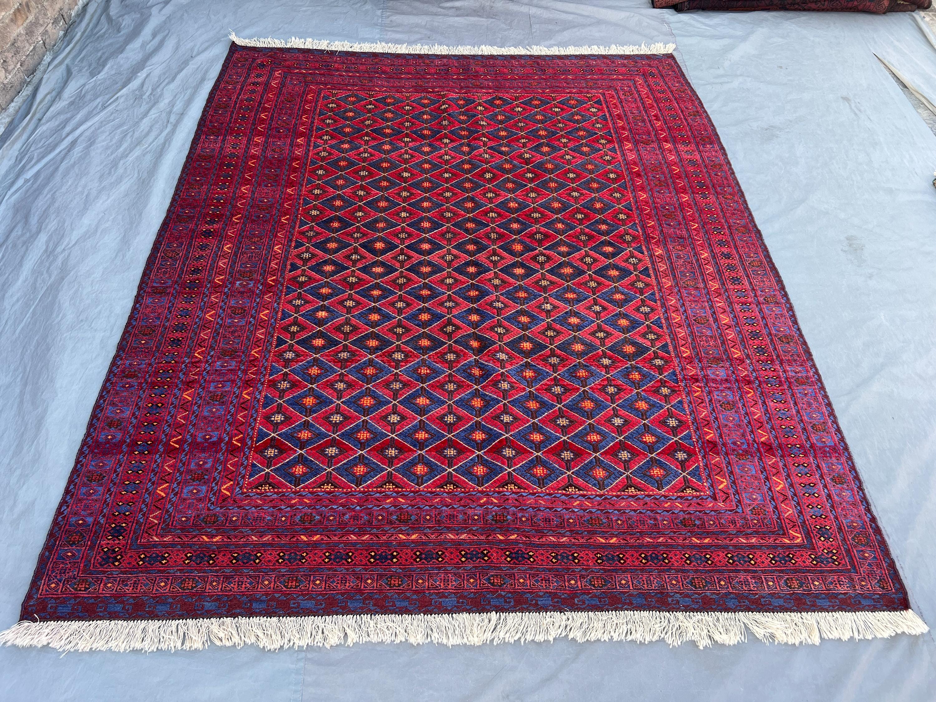 Red 7' x 8'8" Vintage Afghan Baluchi Rug, Hand-Knotted Wool, Geometric Tribal Diamond Design, Soft Pile for Li