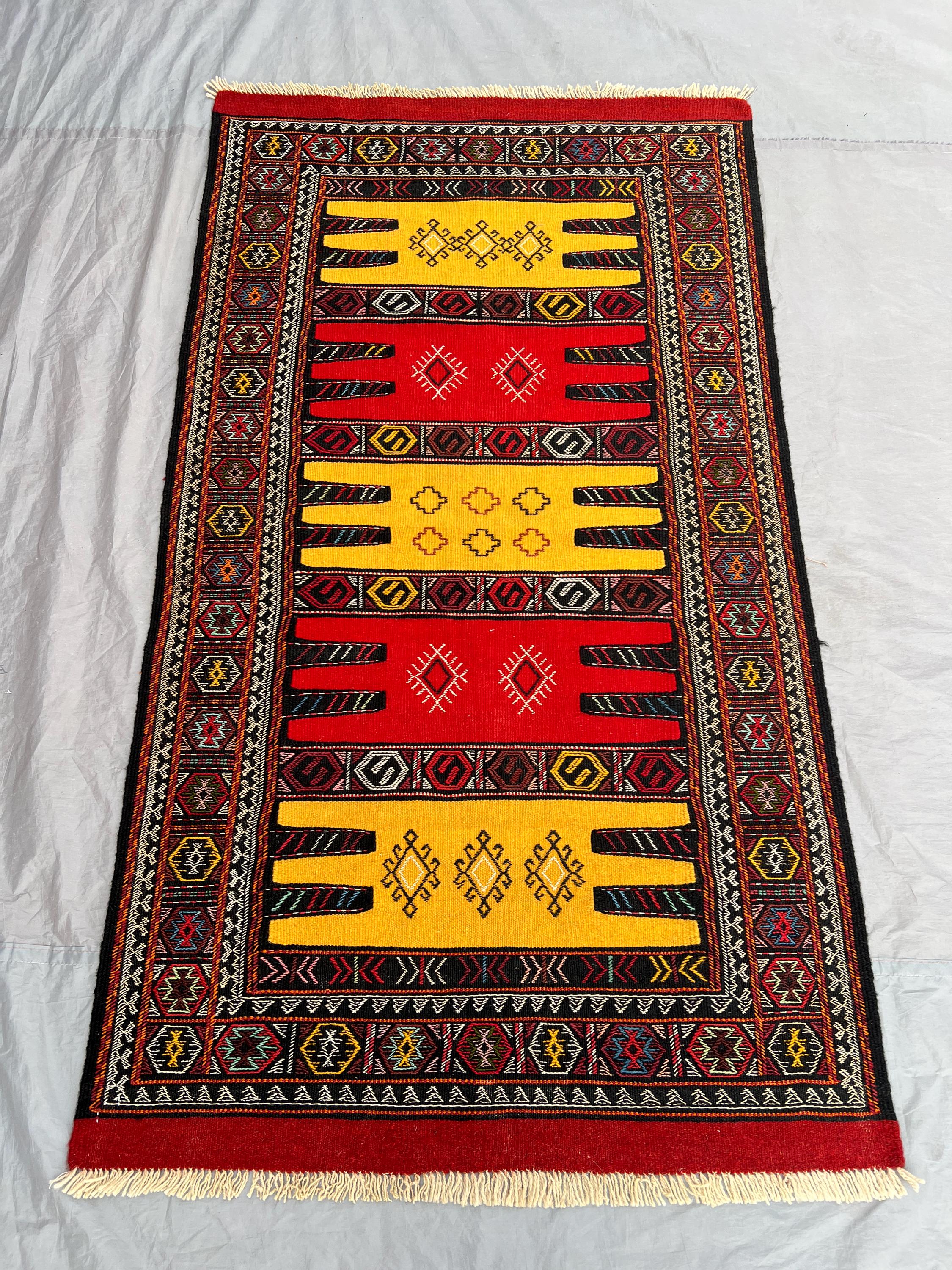 3'3x5'10 ft Antique Afghan Baluchi Kilim Rug - Hand-Knotted with Geometric & Floral Patterns - Vibrant Red, Ye