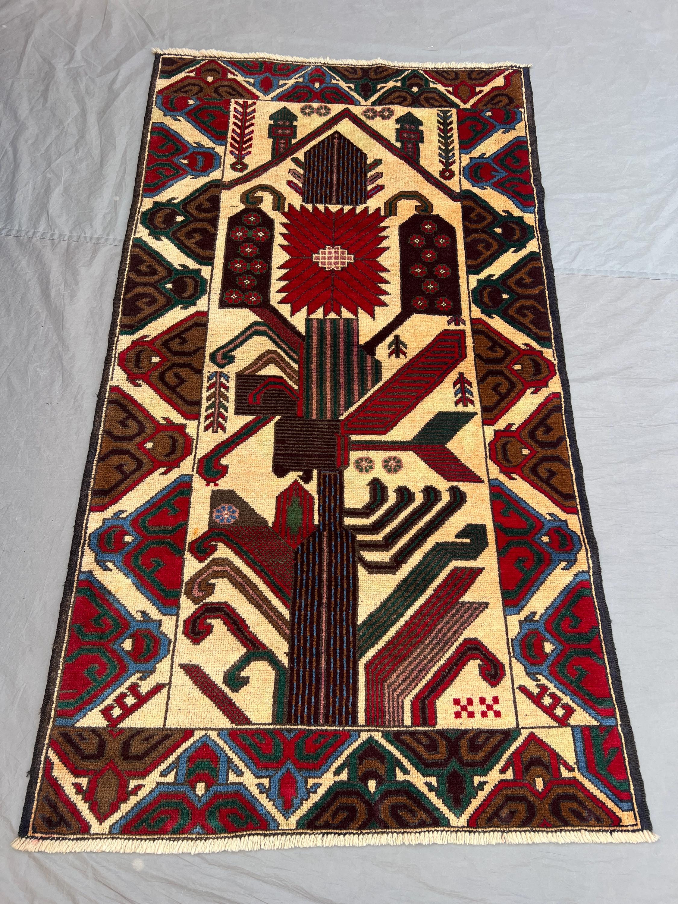 3'7x6'7 Vintage Afghan Hand Knotted Wool Pile Rug Ivory Tree of Life Starburst Pictorial Pattern | Living Room Bedroom Bohemian Wall Hanging
