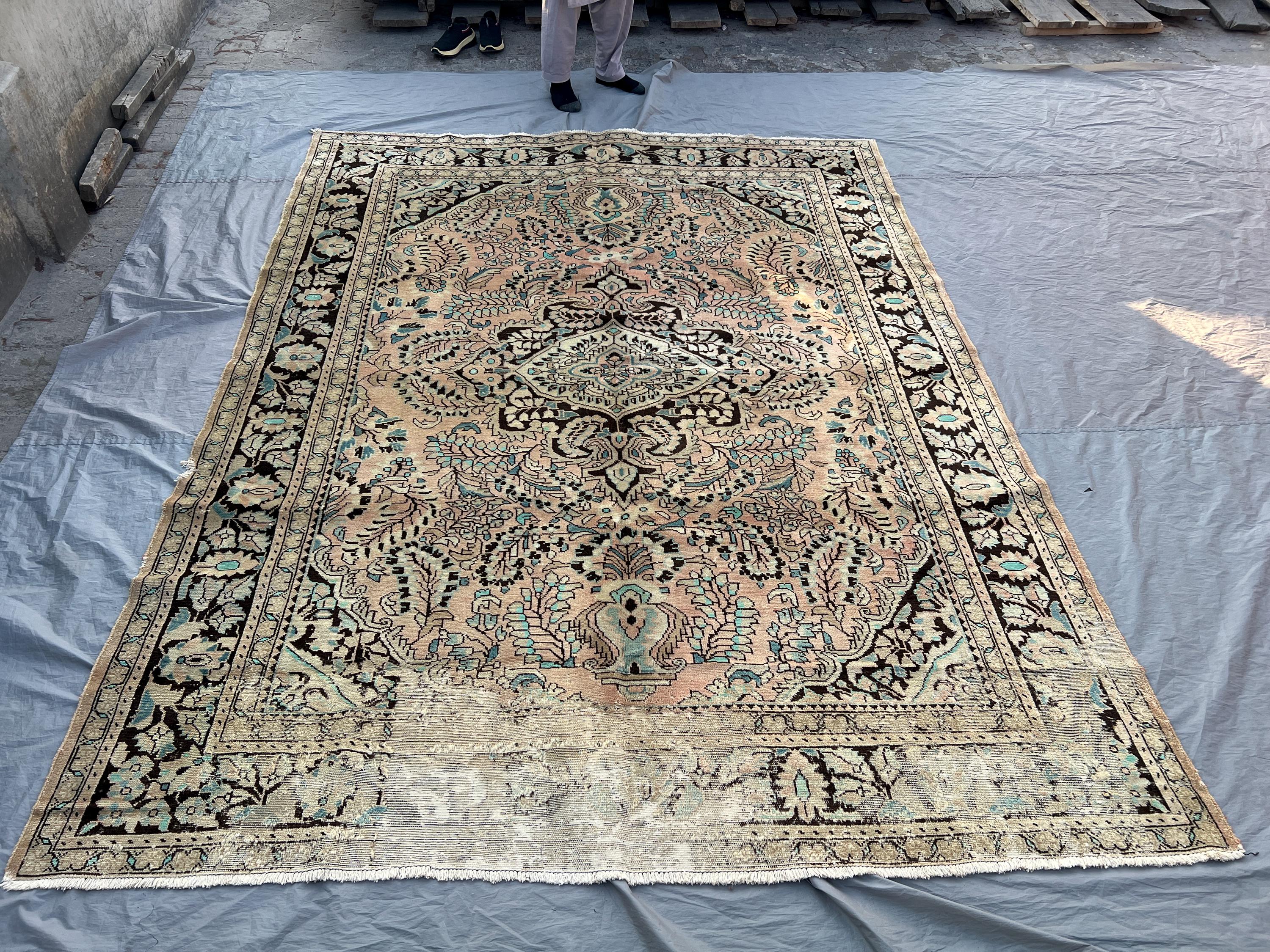 7'3x9'10 Vintage Afghan Wool Pile Rug Hand-Knotted Floral Medallion Faded Blush Peach Dark Brown Teal Large Area Rug | Living Room Bedroom
