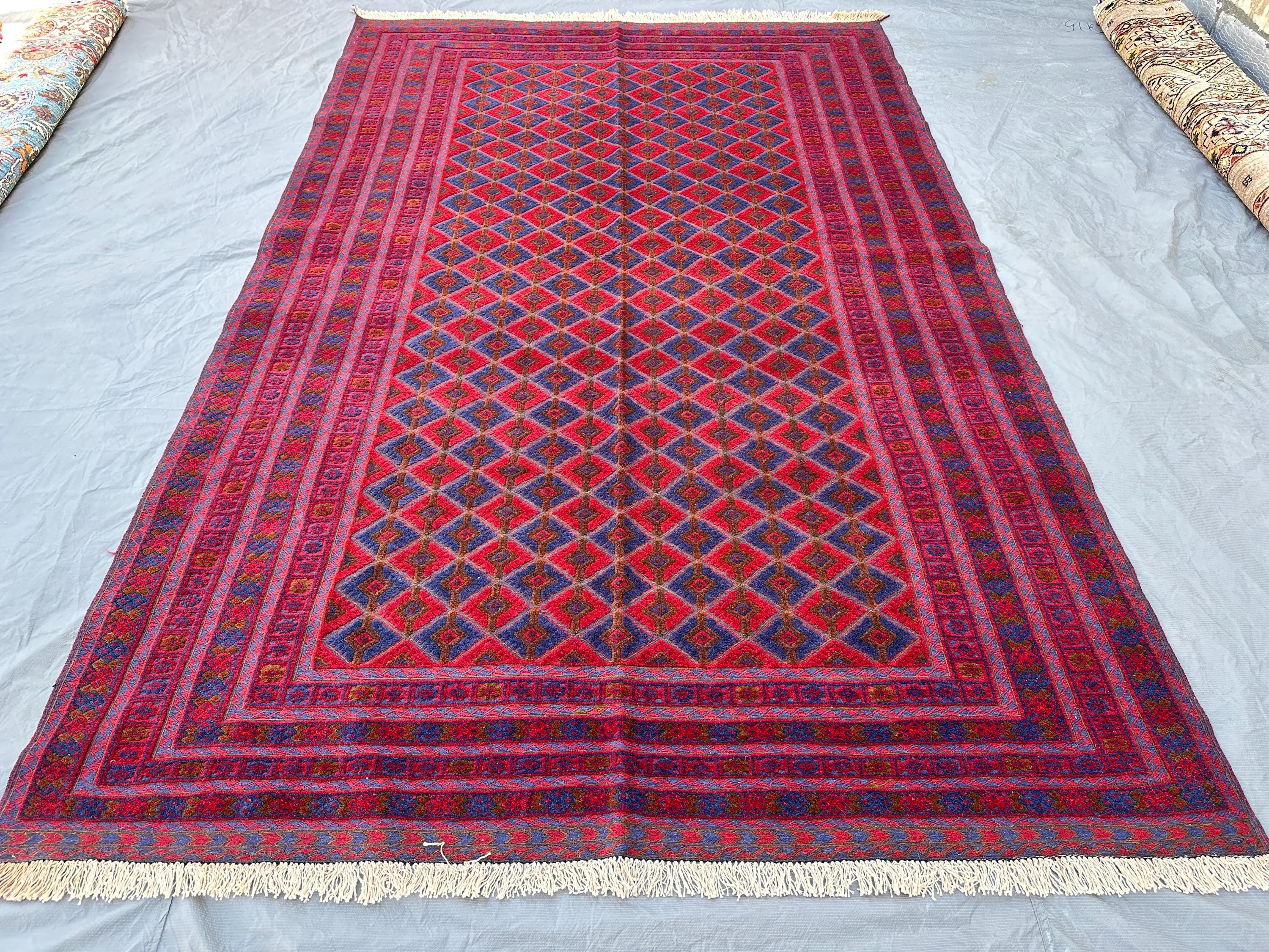 6x10 Large Wool Area Rug, Geometric Red and Navy Blue Hand Knotted Turkmen Tribal Carpet, Traditional Flatweav